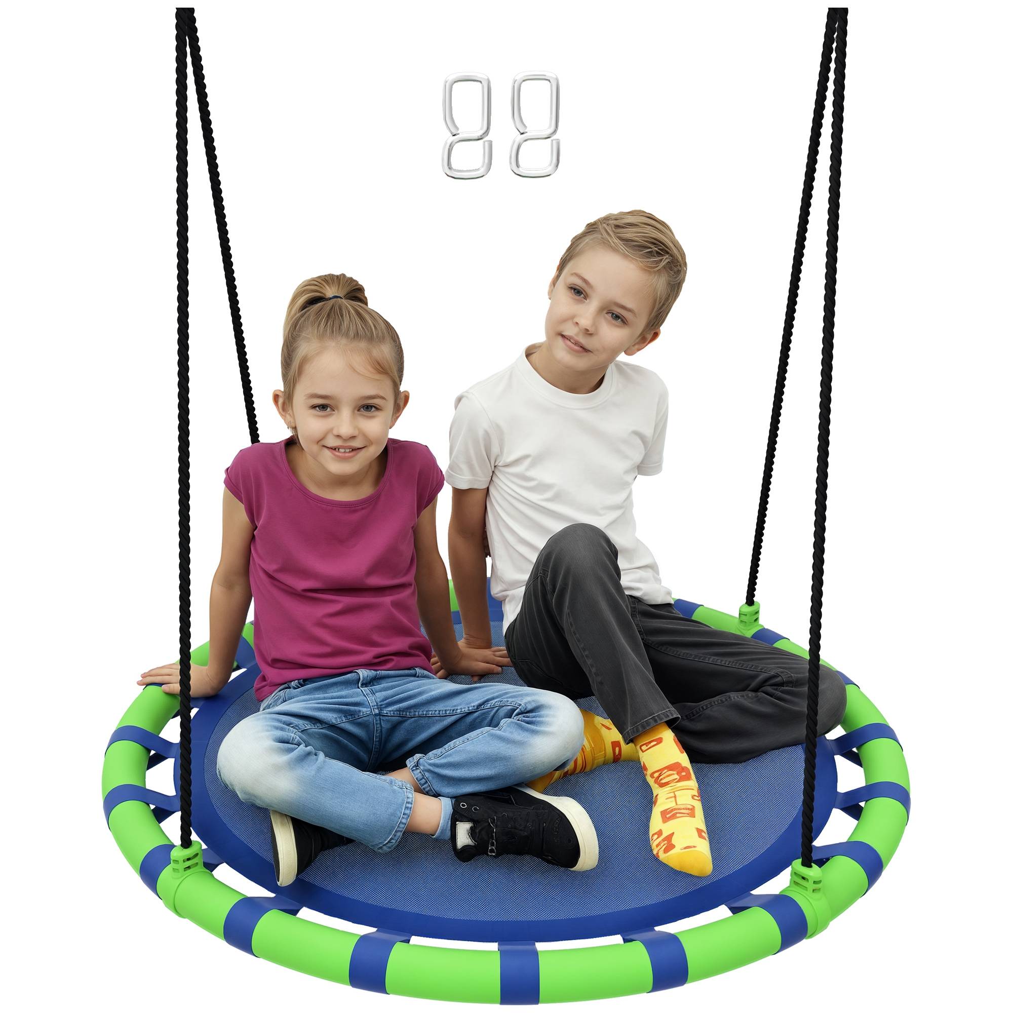 Balançoire nid bleu et vert Ø100 cm hauteur ajustable charge 150kg fixation arbre jardin - Image 1