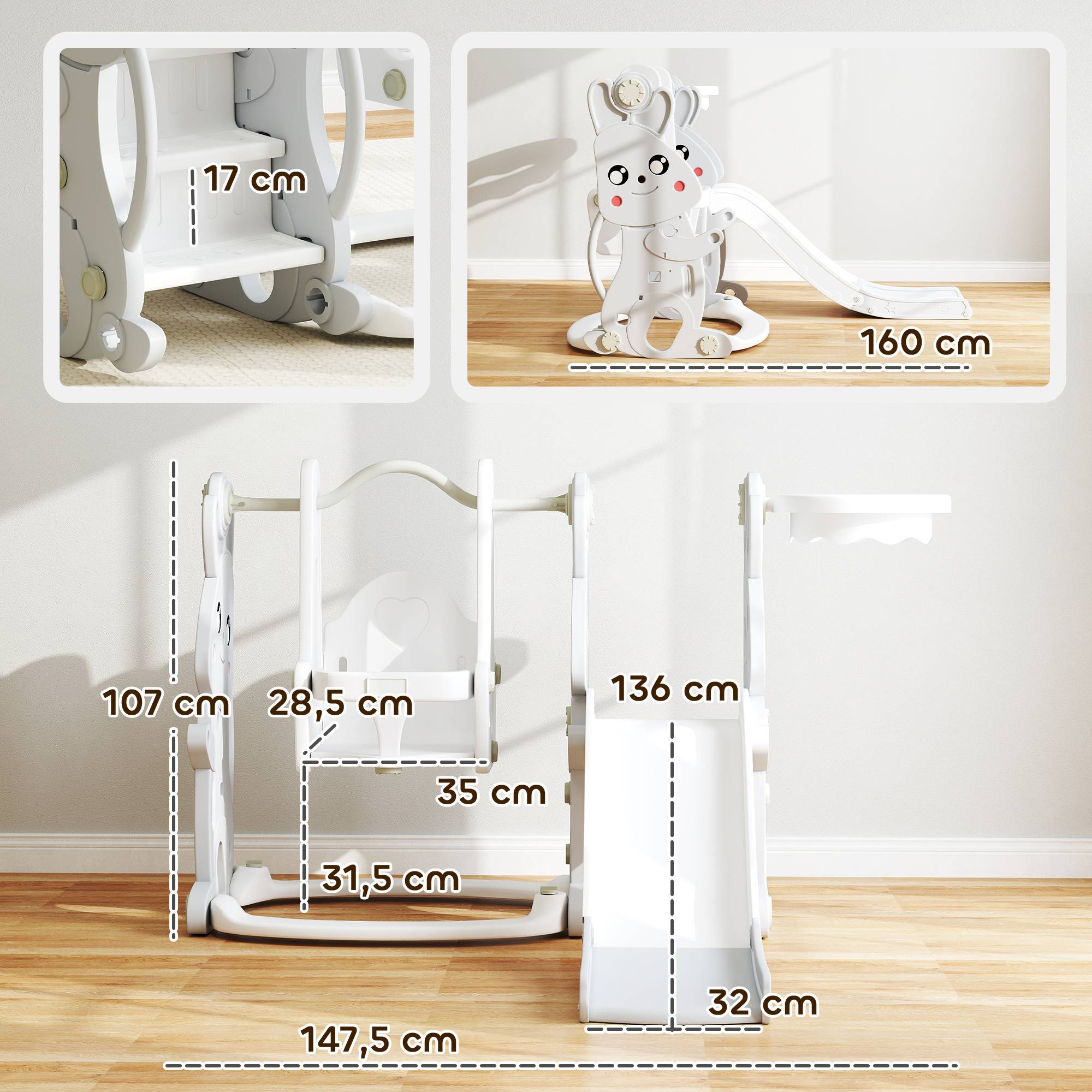 Ensemble de jeux 4 en 1 pour tout-petits : toboggan, balançoire, structure d'escalade, panier de basket, en plastique, motif lapin, gris. - Image 5