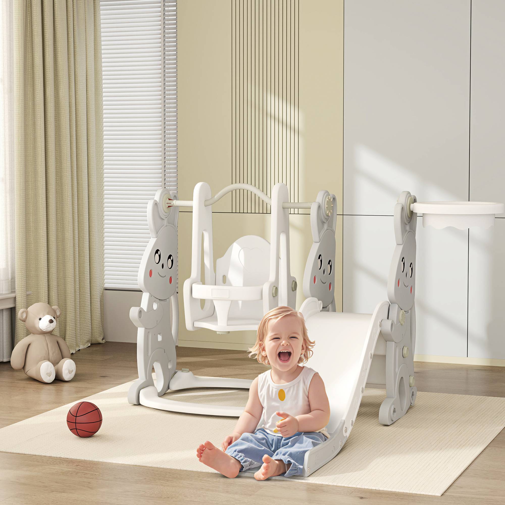 Ensemble de jeux 4 en 1 pour tout-petits : toboggan, balançoire, structure d'escalade, panier de basket, en plastique, motif lapin, gris. - Image 3