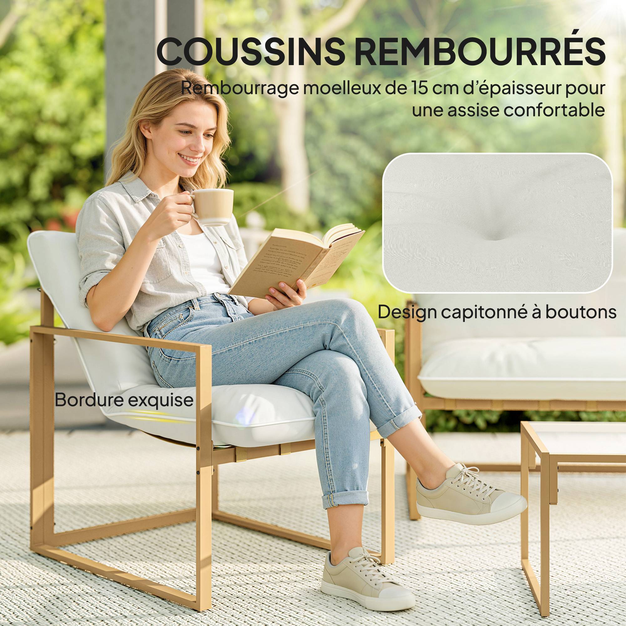 Salon de jardin extérieur 4 pièces | Mobilier de jardin Blanc Acier, Polyester 114x70x67 cm - Image 6