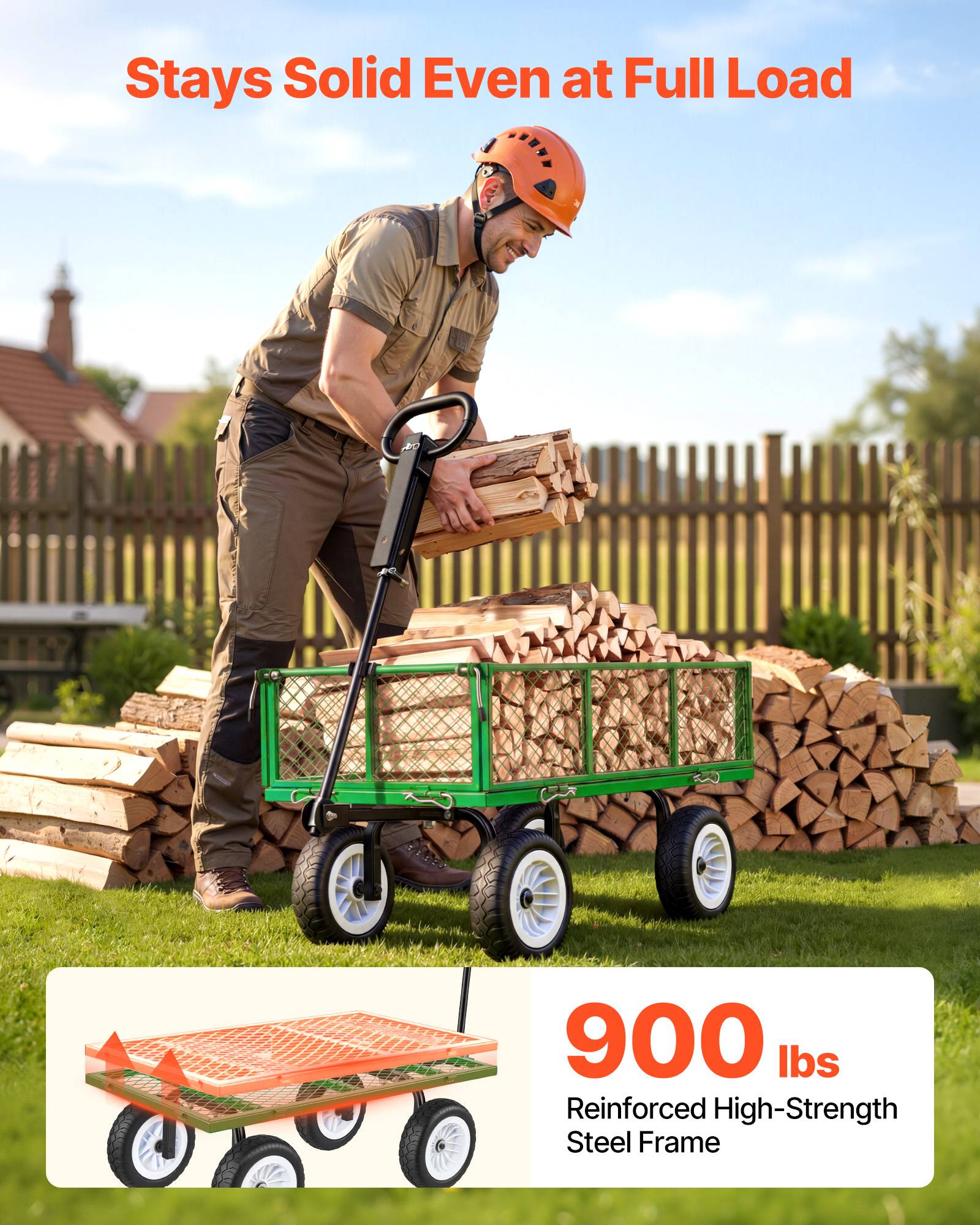 Vevor - VEVOR Chariot de jardin acier 408,2 kg, pneus PU 25,4 cm, côtés amovibles, poignée réglable, compatible quad/tracteur, vert. - Image 2