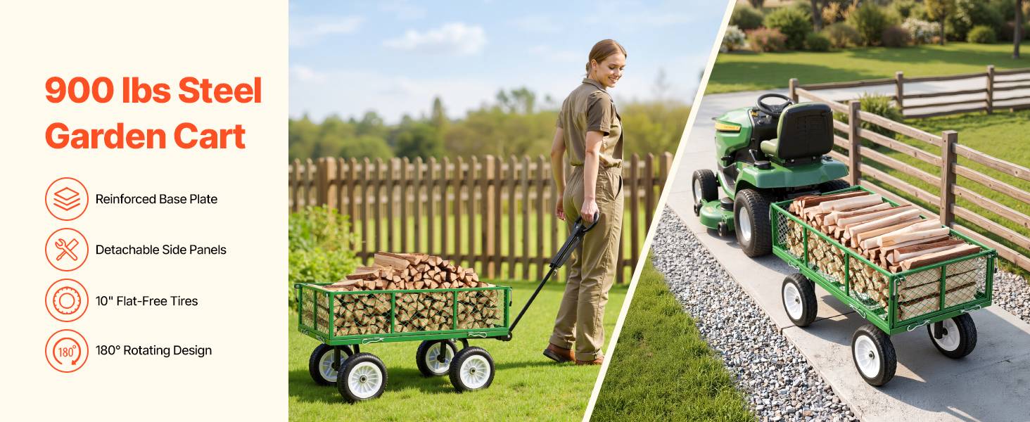 Vevor - VEVOR Chariot de jardin acier 408,2 kg, pneus PU 25,4 cm, côtés amovibles, poignée réglable, compatible quad/tracteur, vert. - Image 9