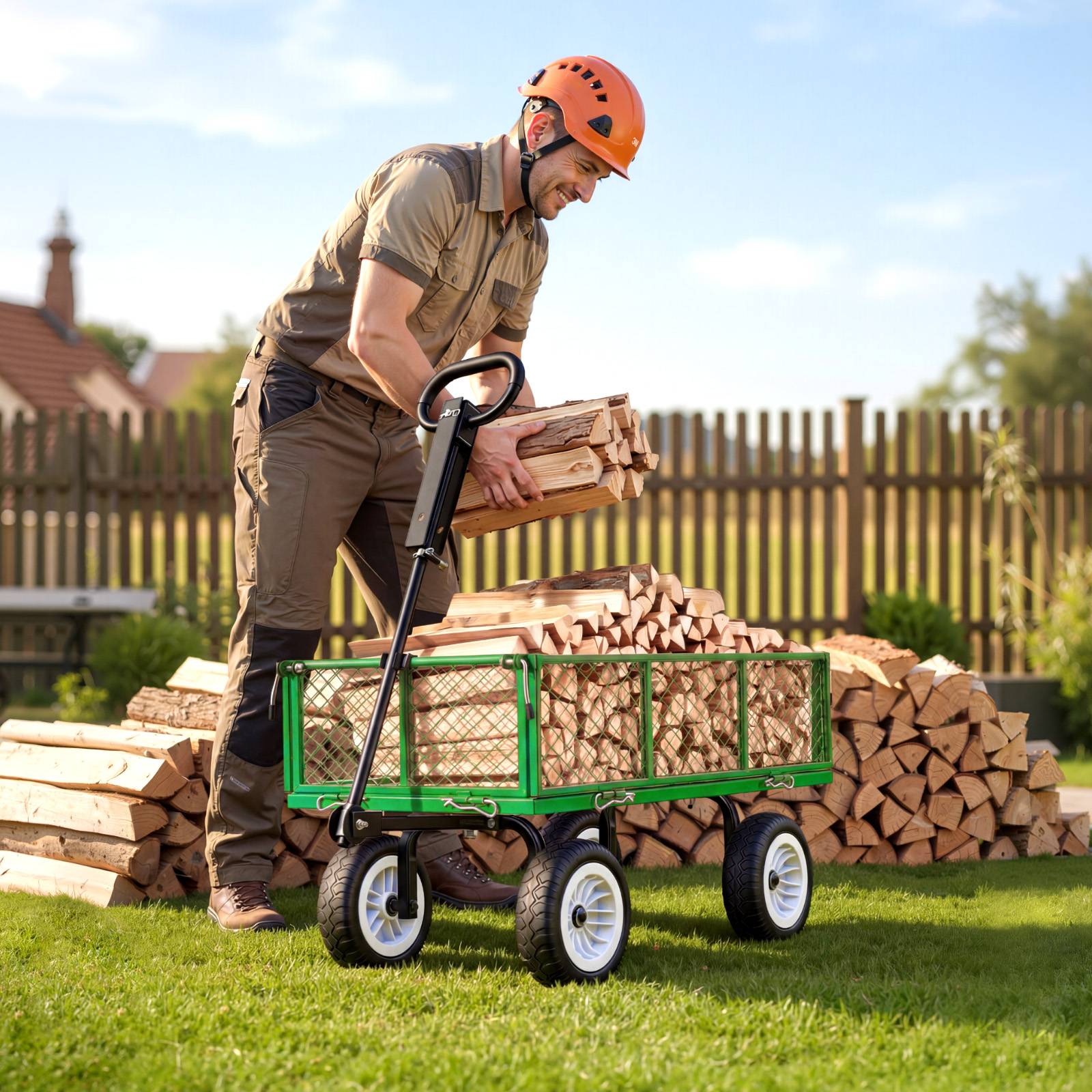 Vevor - VEVOR Chariot de jardin acier 408,2 kg, pneus PU 25,4 cm, côtés amovibles, poignée réglable, compatible quad/tracteur, vert. - Image 8