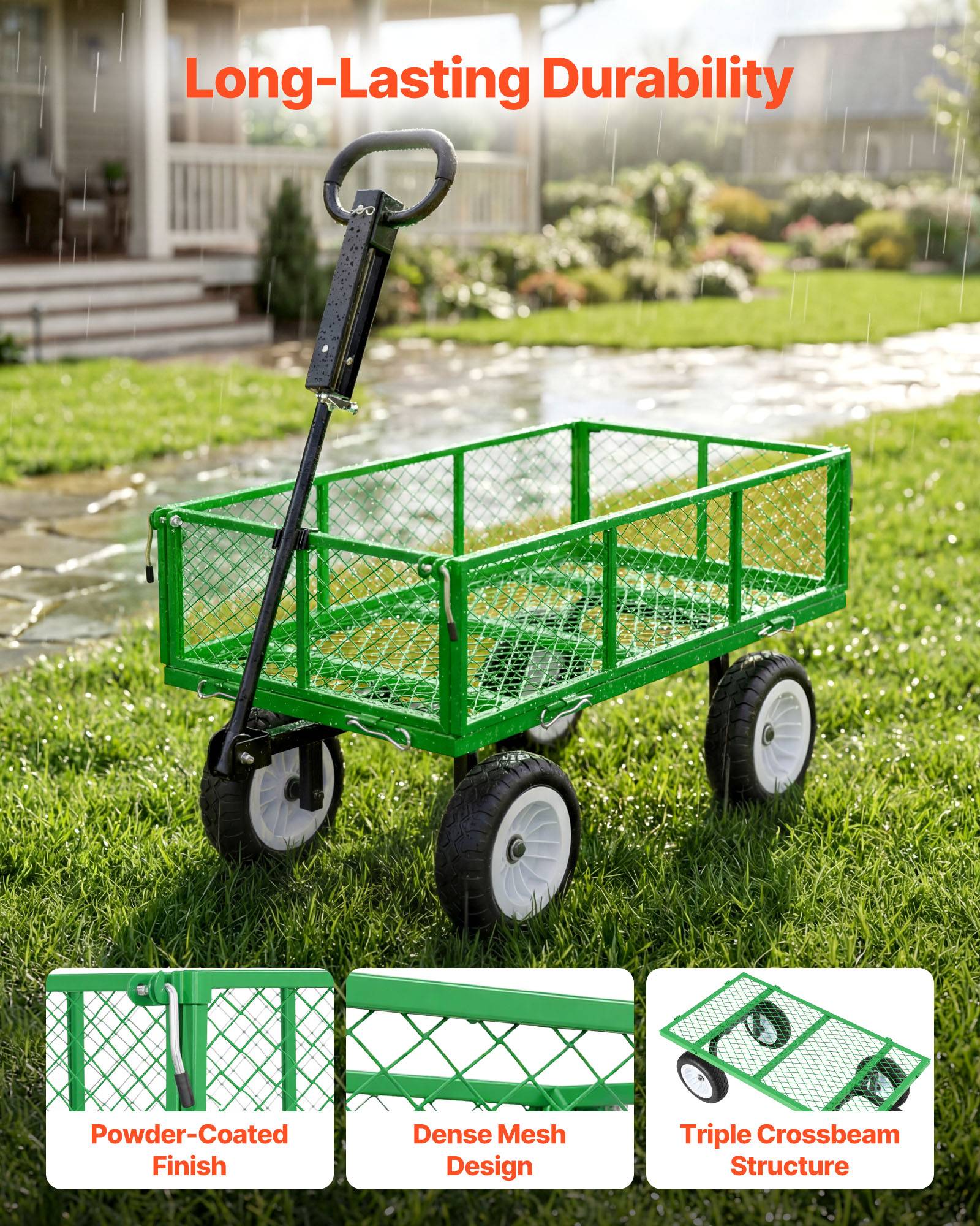Vevor - VEVOR Chariot de jardin acier 408,2 kg, pneus PU 25,4 cm, côtés amovibles, poignée réglable, compatible quad/tracteur, vert. - Image 3