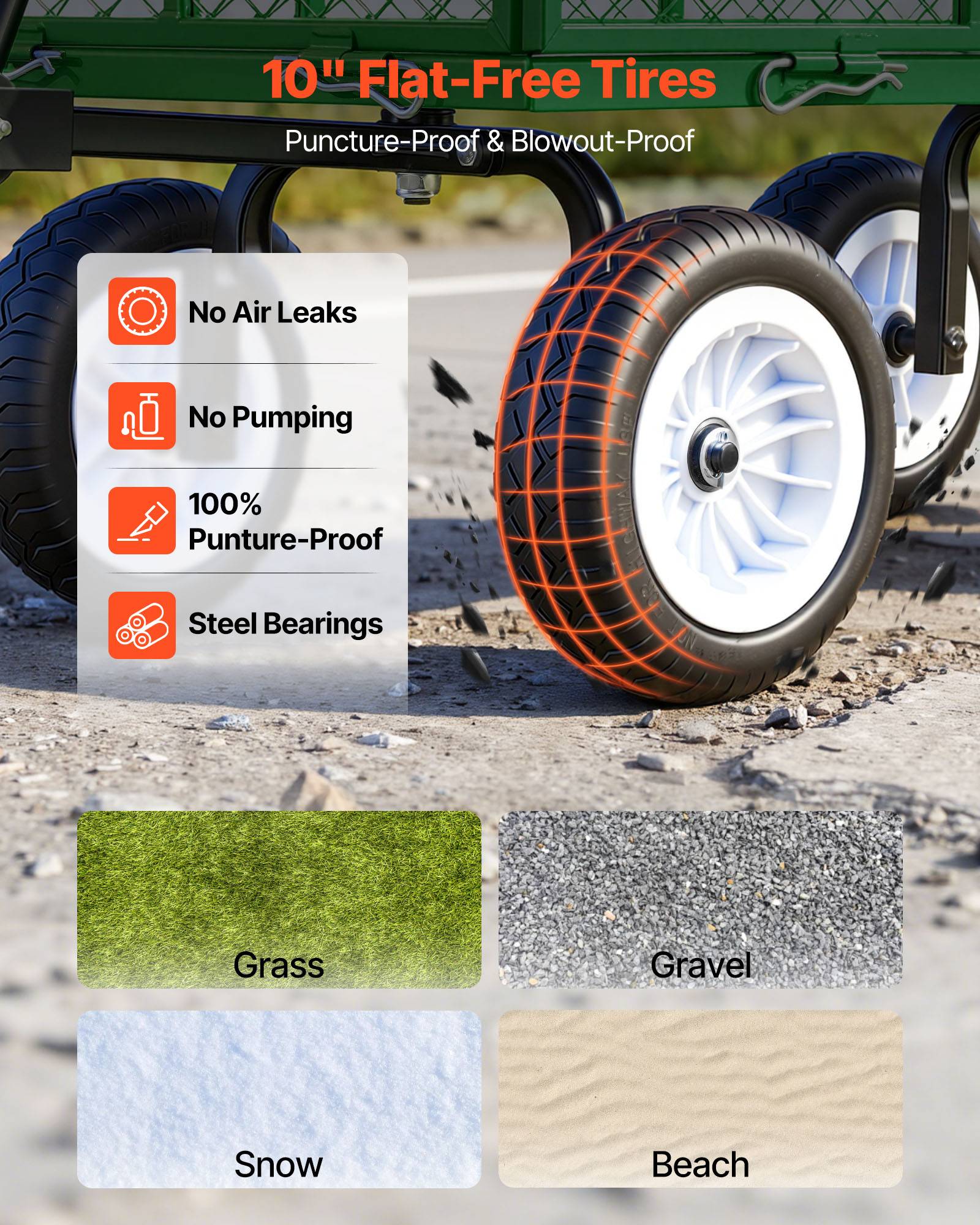 Vevor - VEVOR Chariot de jardin acier 408,2 kg, pneus PU 25,4 cm, côtés amovibles, poignée réglable, compatible quad/tracteur, vert. - Image 4