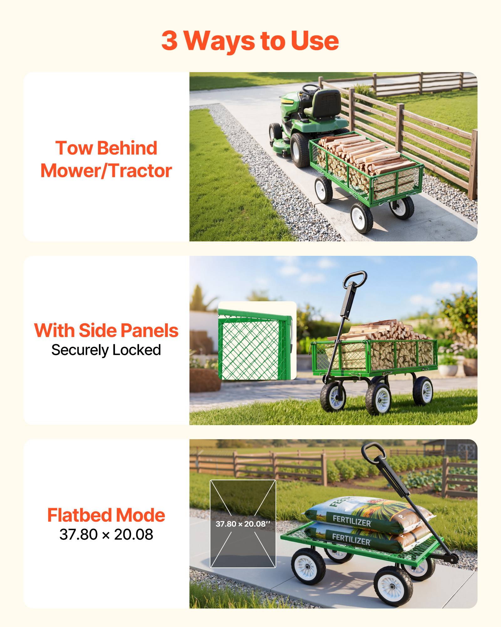 Vevor - VEVOR Chariot de jardin acier 408,2 kg, pneus PU 25,4 cm, côtés amovibles, poignée réglable, compatible quad/tracteur, vert. - Image 7