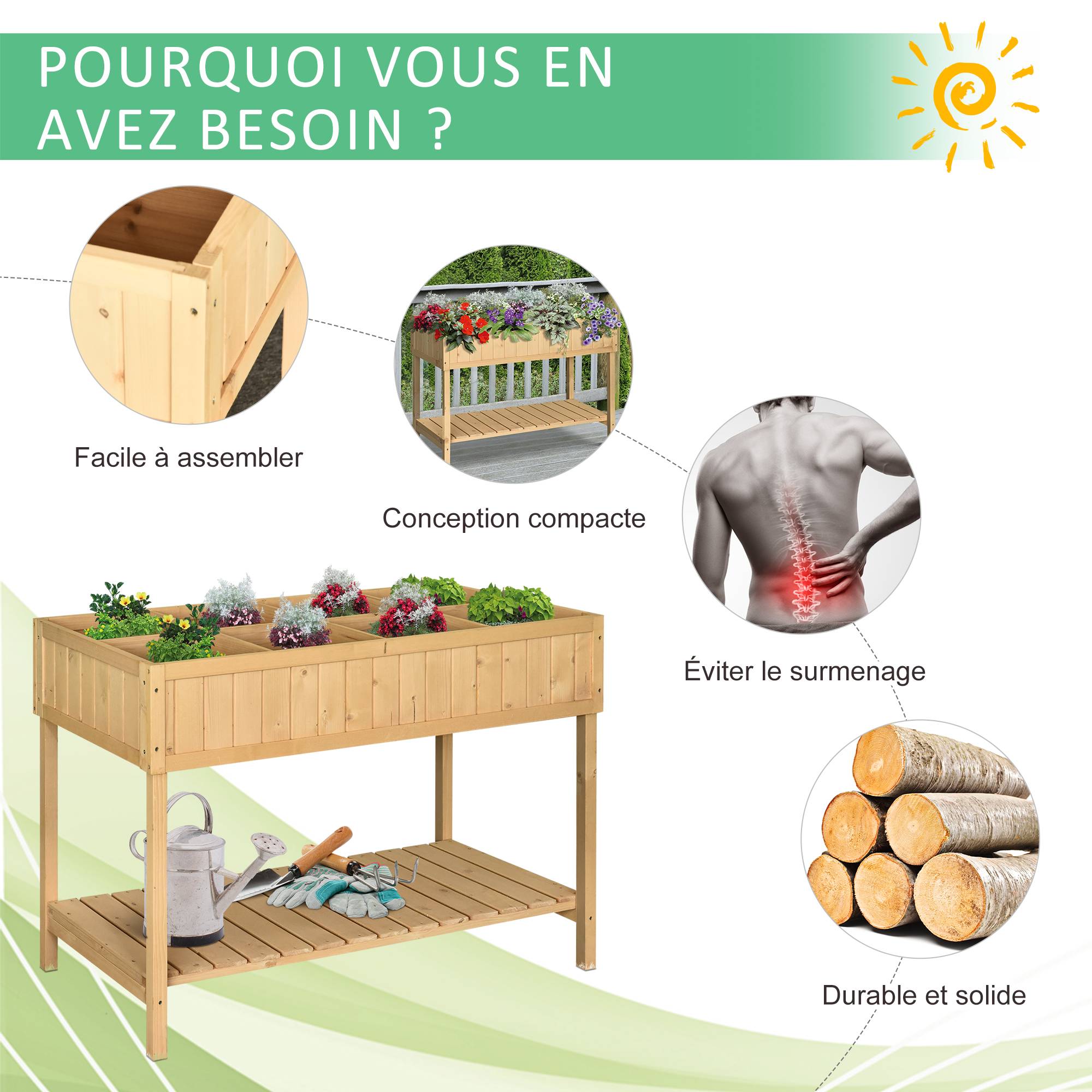 Carré potager sur pieds bois massif jardin culture ergonomique 8 bacs 110cm - ComfortXL Outdoor Living - Image 5