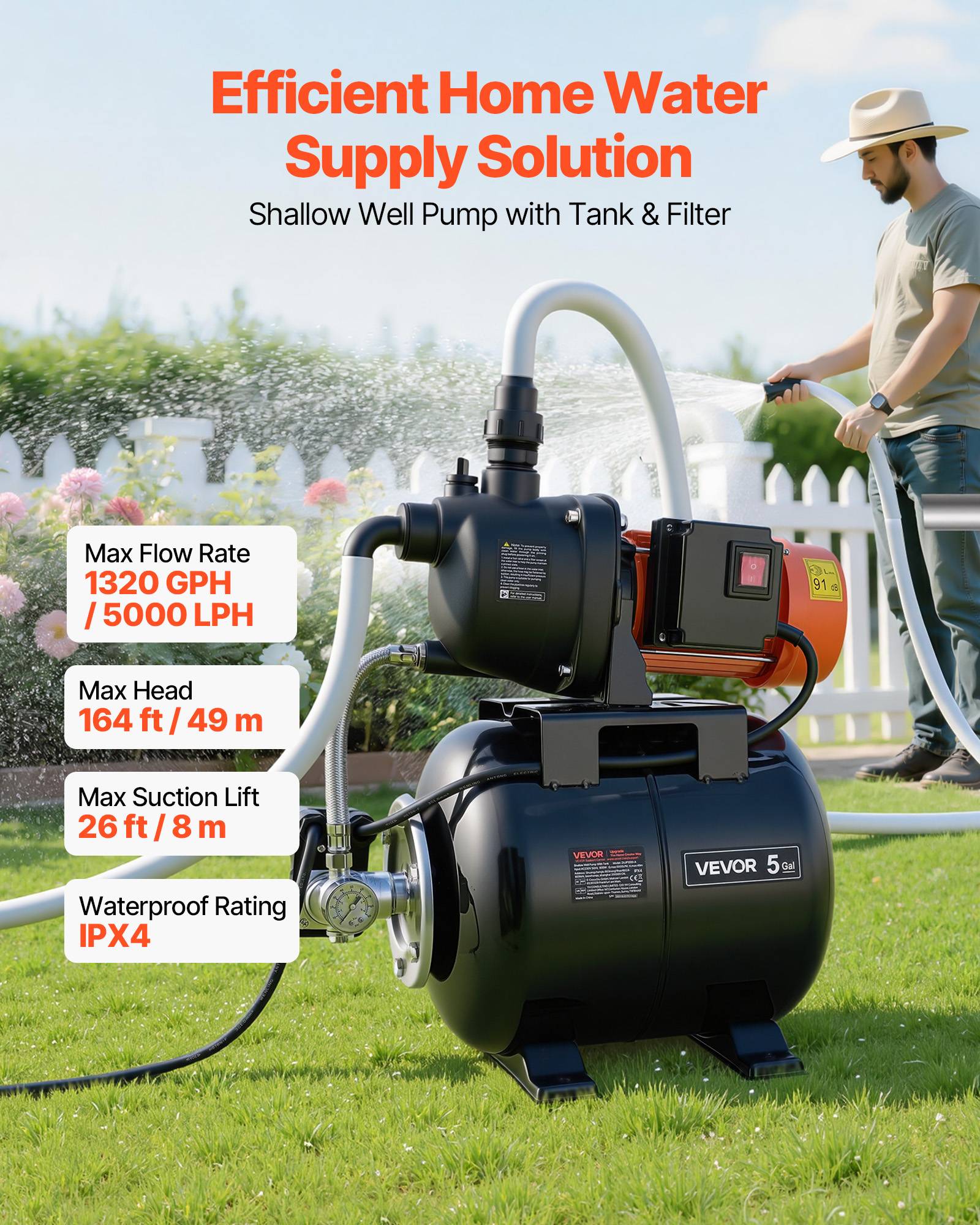 Vevor - VEVOR Groupe de Surpression Pompe avec Réservoir Pression 19 L 800 W 5000 L/h - Image 2