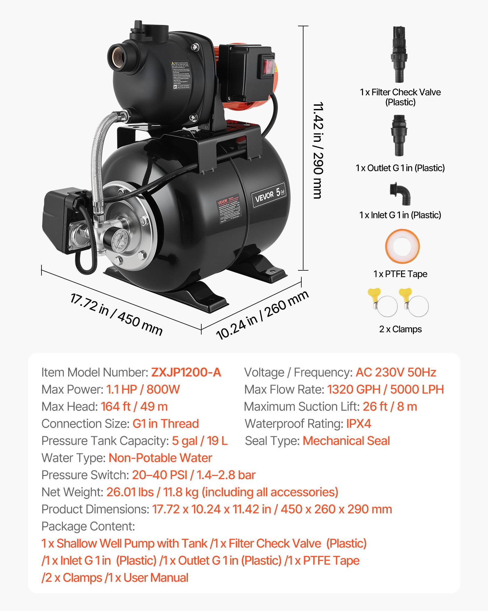 Vevor - VEVOR Groupe de Surpression Pompe avec Réservoir Pression 19 L 800 W 5000 L/h - Image 7