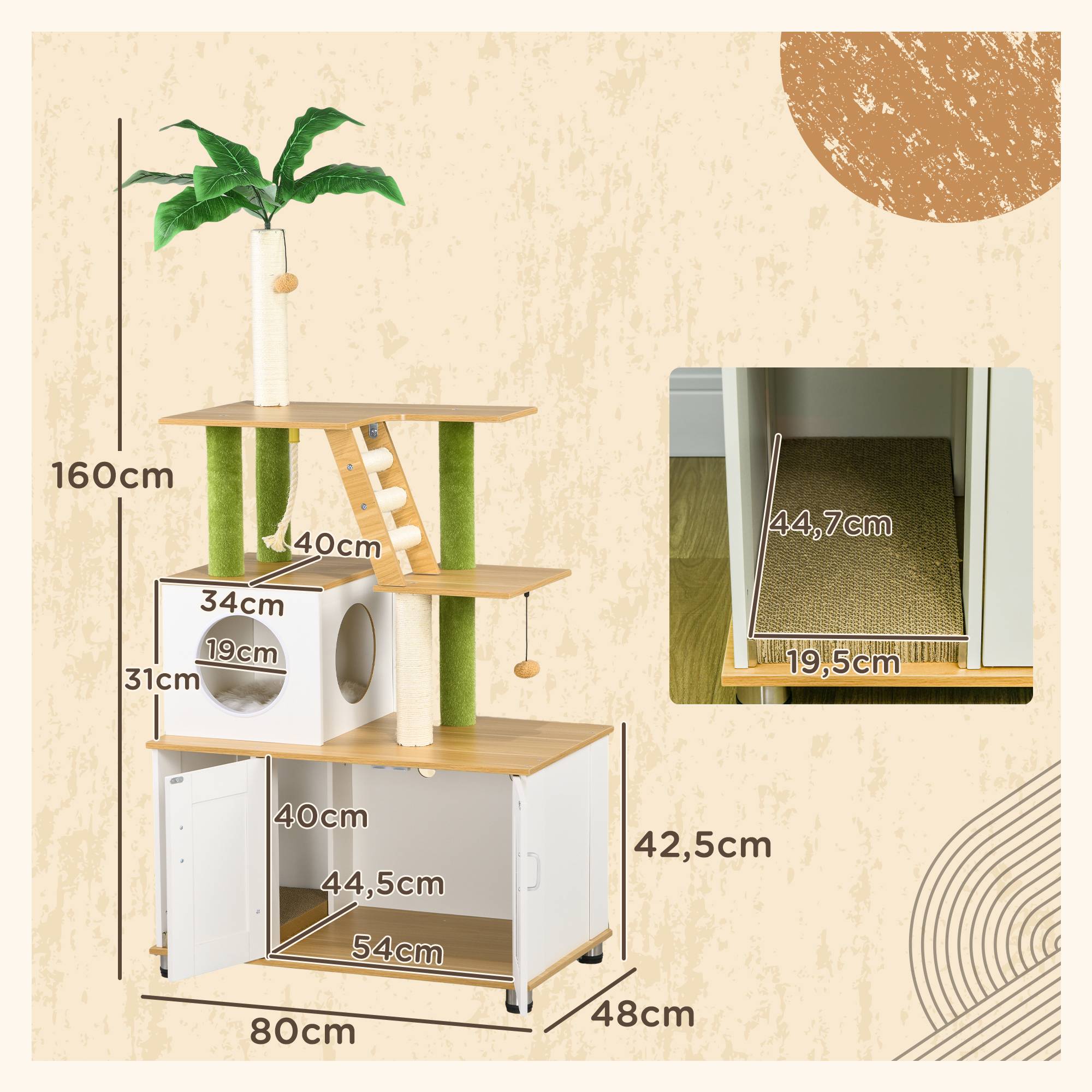 Arbre à chat avec armoire, 1 niche, 80x48x160 cm, 1 échelle, chêne+blanc - Image 5