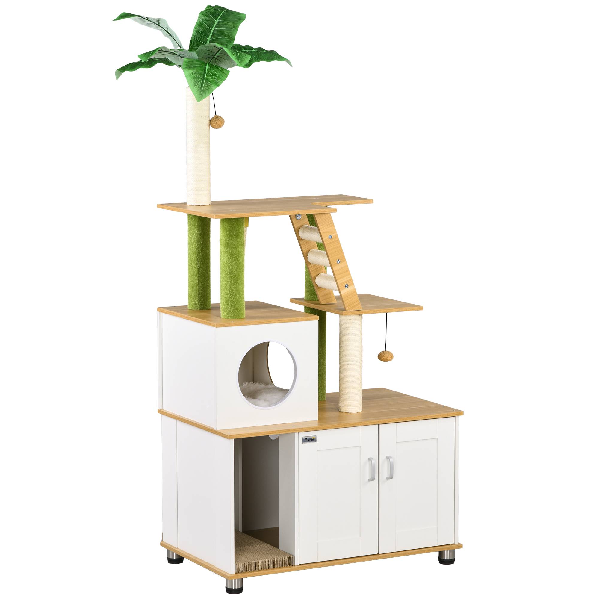 Arbre à chat avec armoire, 1 niche, 80x48x160 cm, 1 échelle, chêne+blanc - Image 2