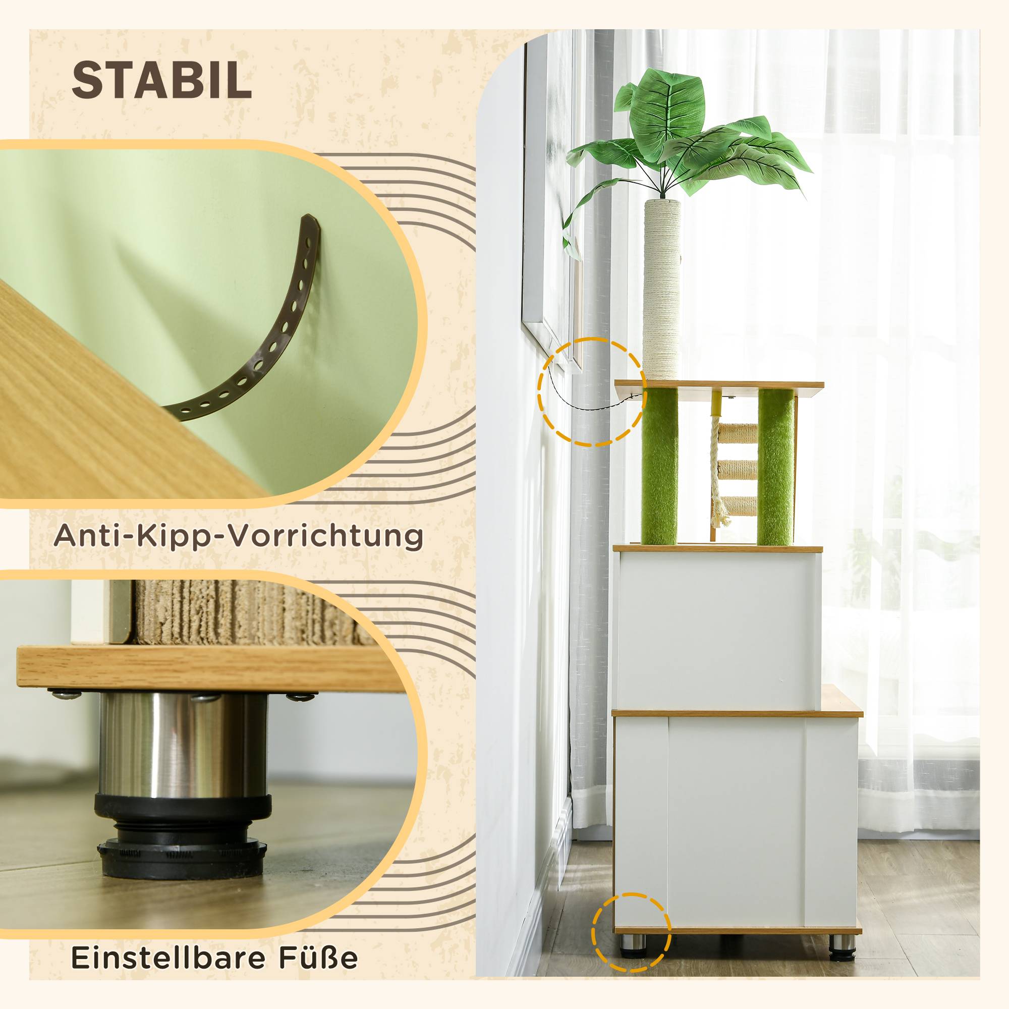 Arbre à chat avec armoire, 1 niche, 80x48x160 cm, 1 échelle, chêne+blanc - Image 9