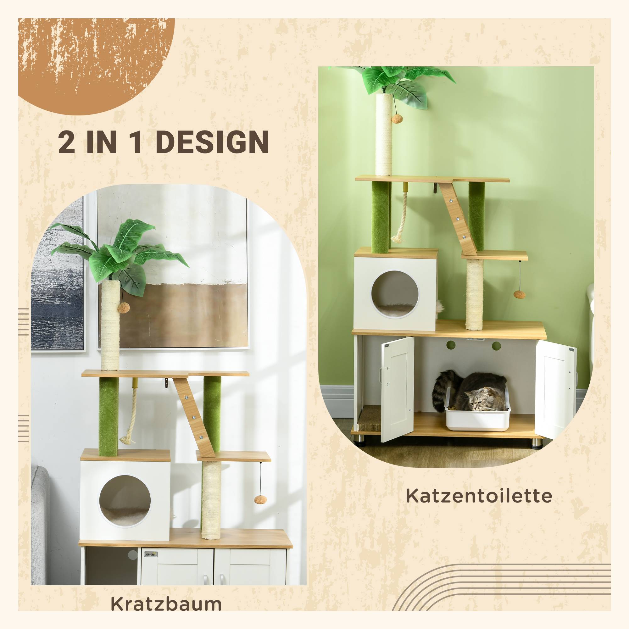 Arbre à chat avec armoire, 1 niche, 80x48x160 cm, 1 échelle, chêne+blanc - Image 6