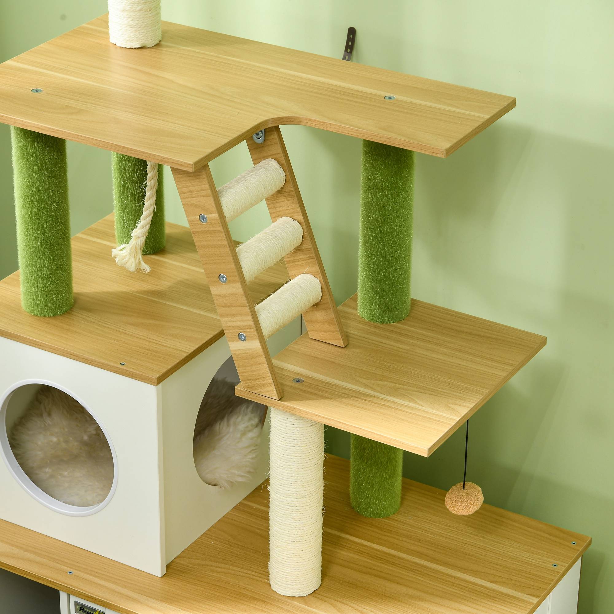 Arbre à chat avec armoire, 1 niche, 80x48x160 cm, 1 échelle, chêne+blanc - Image 10