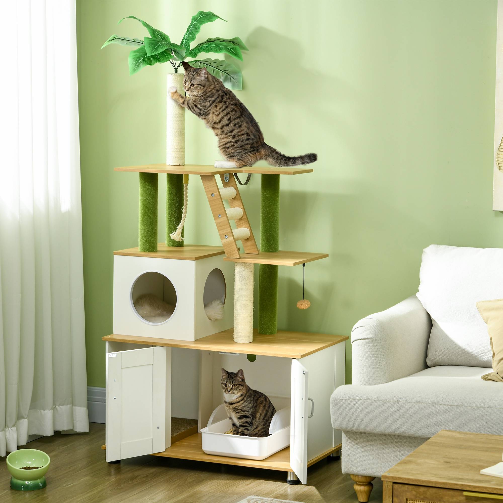 Arbre à chat avec armoire, 1 niche, 80x48x160 cm, 1 échelle, chêne+blanc - Image 3