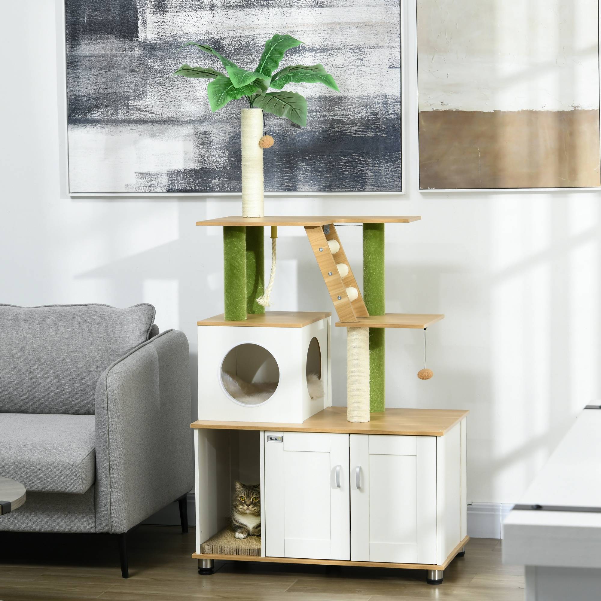 Arbre à chat avec armoire, 1 niche, 80x48x160 cm, 1 échelle, chêne+blanc - Image 4