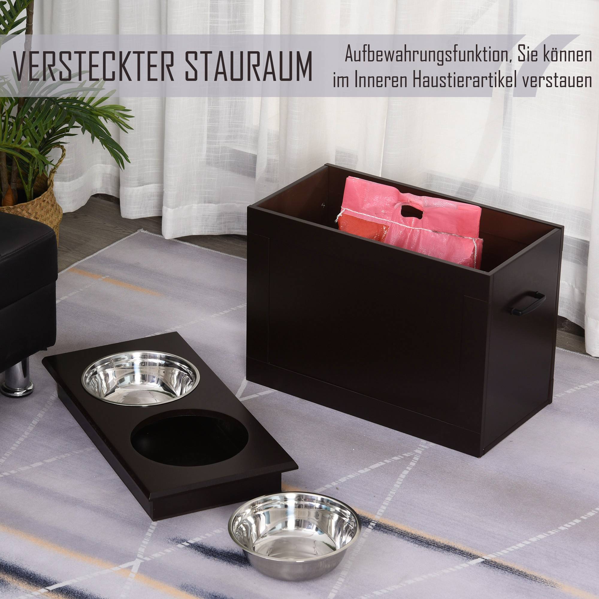 Station d'alimentation, 2 gamelles en acier inoxydable, espace de rangement dissimulé, 60 cm x 30 cm x 41 cm, noir et argent - Image 5