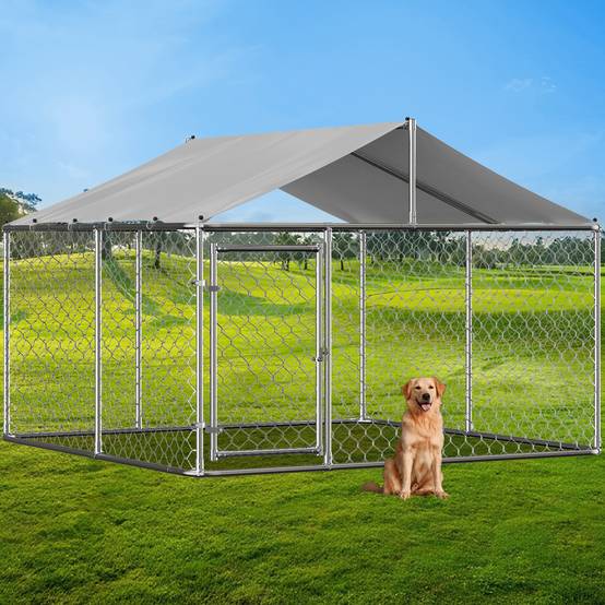 Enclos Chenil Extérieur Acier Galvanisé Toit Bâche 230x230cm Argent - ComfortXL Outdoor Living - Image 1