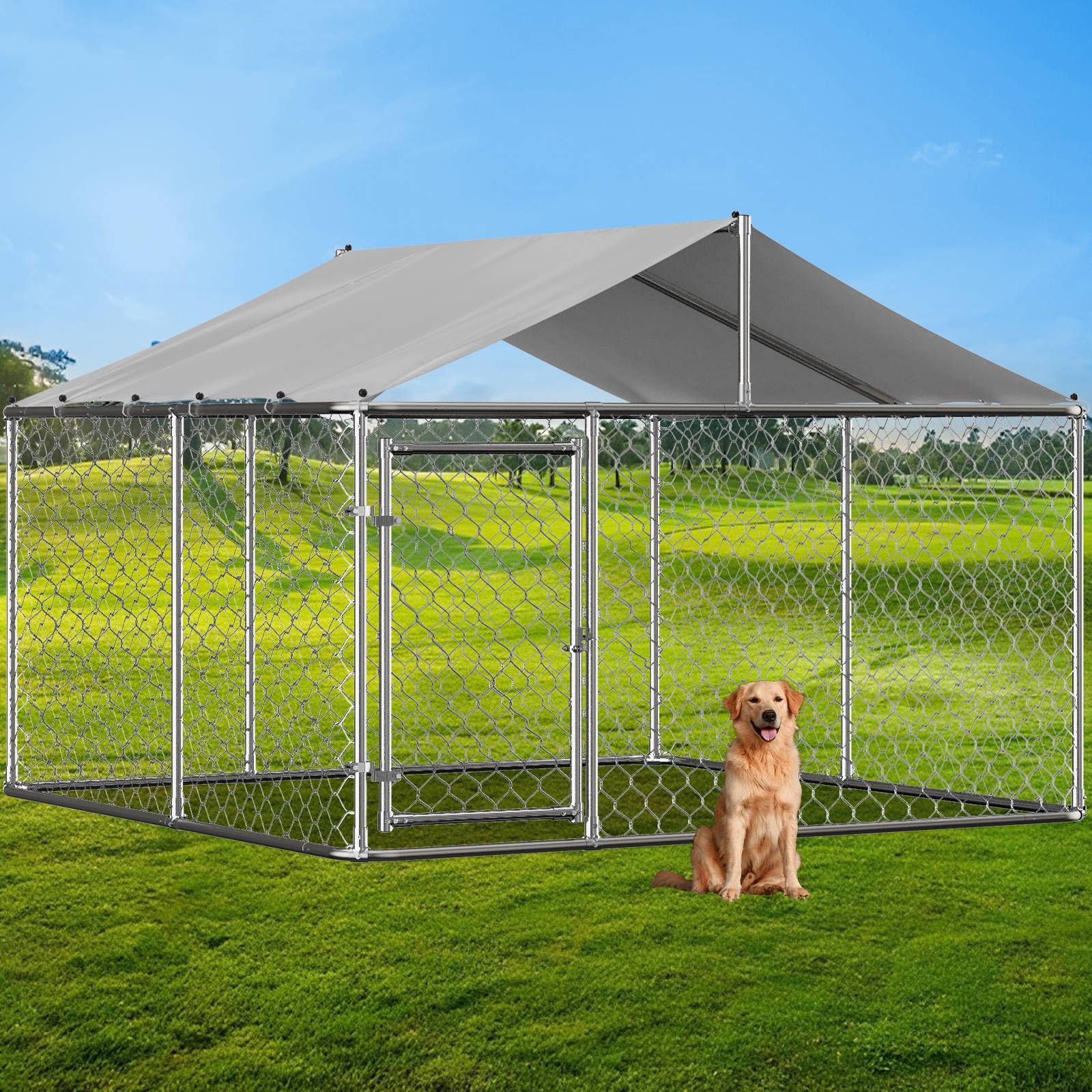Enclos Chenil Extérieur Acier Galvanisé Toit Bâche 230x230cm Argent - ComfortXL Outdoor Living - Image 1