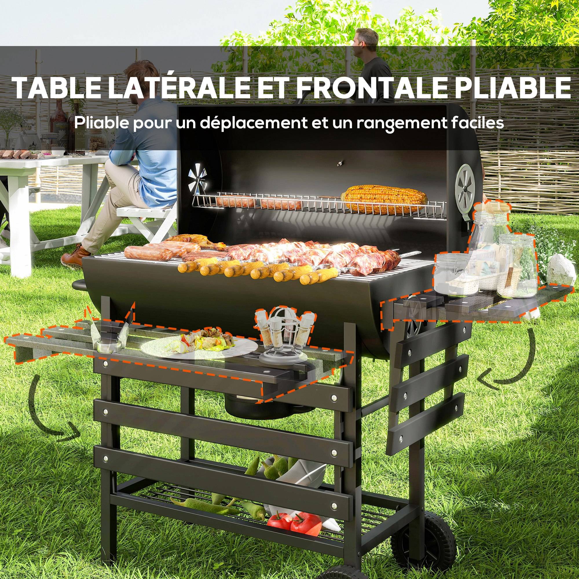 Barbecue à charbon acier pour jardin fumoir avec tablette pliable 114 cm noir - ComfortXL Outdoor Living - Image 9