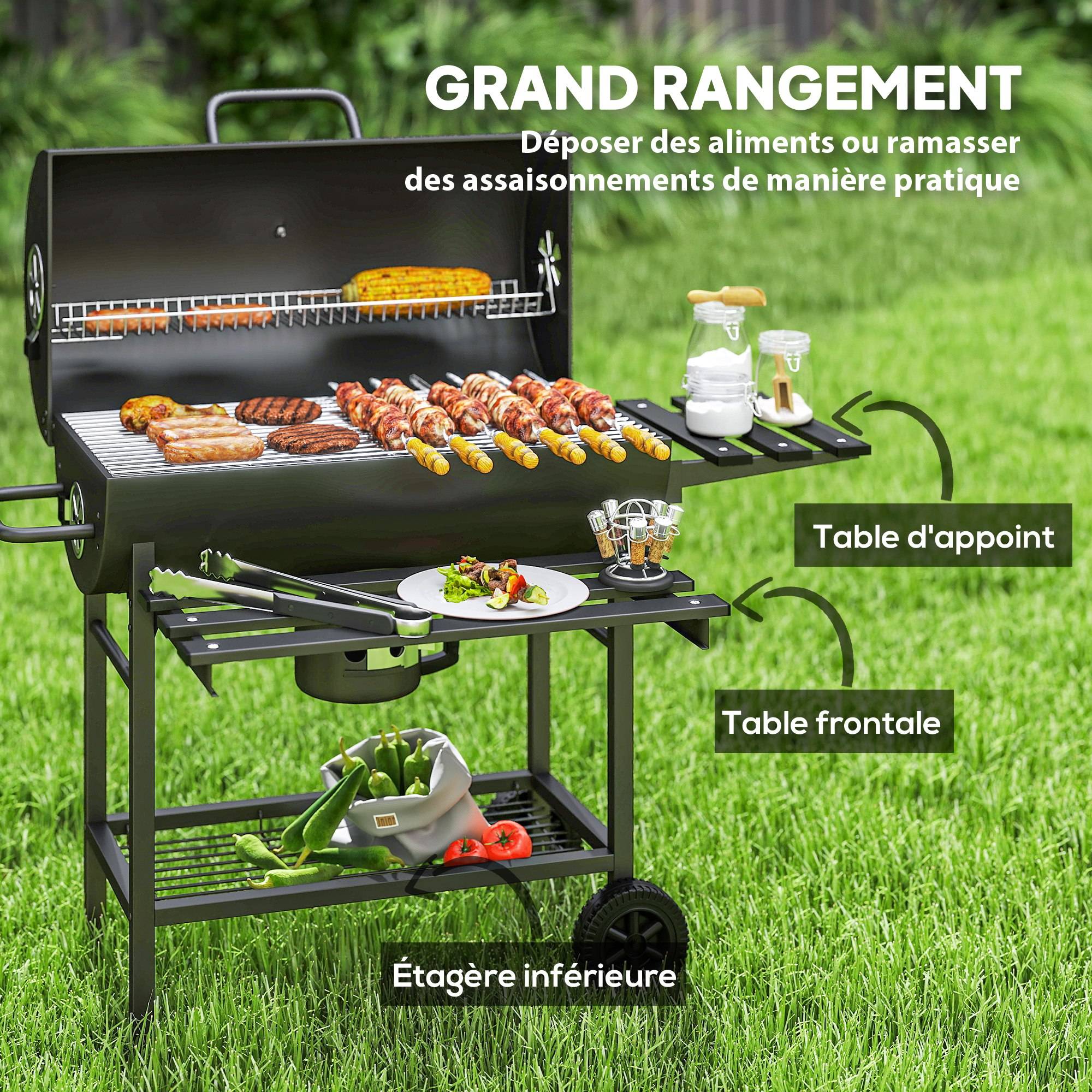 Barbecue à charbon acier pour jardin fumoir avec tablette pliable 114 cm noir - ComfortXL Outdoor Living - Image 8
