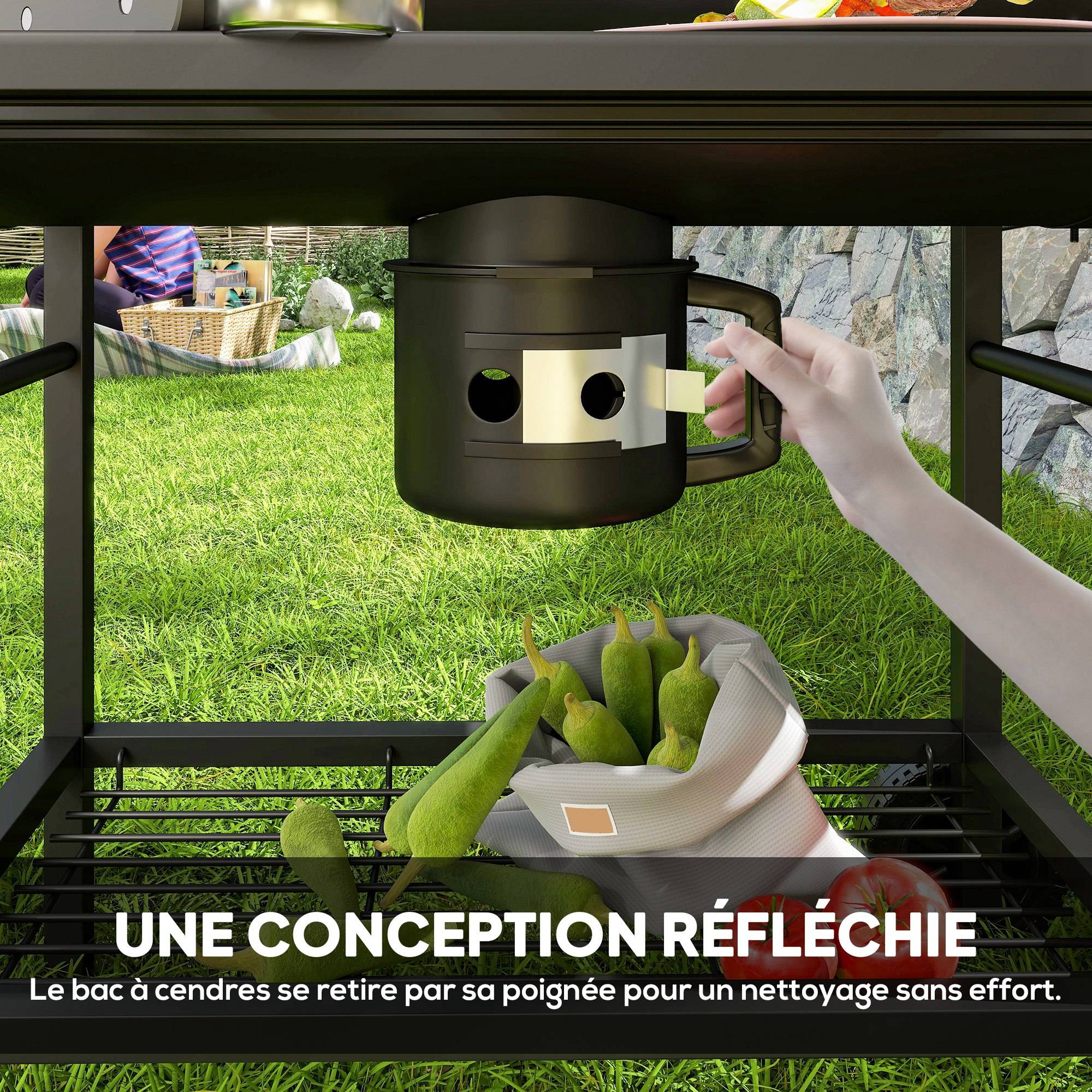 Barbecue à charbon acier pour jardin fumoir avec tablette pliable 114 cm noir - ComfortXL Outdoor Living - Image 10