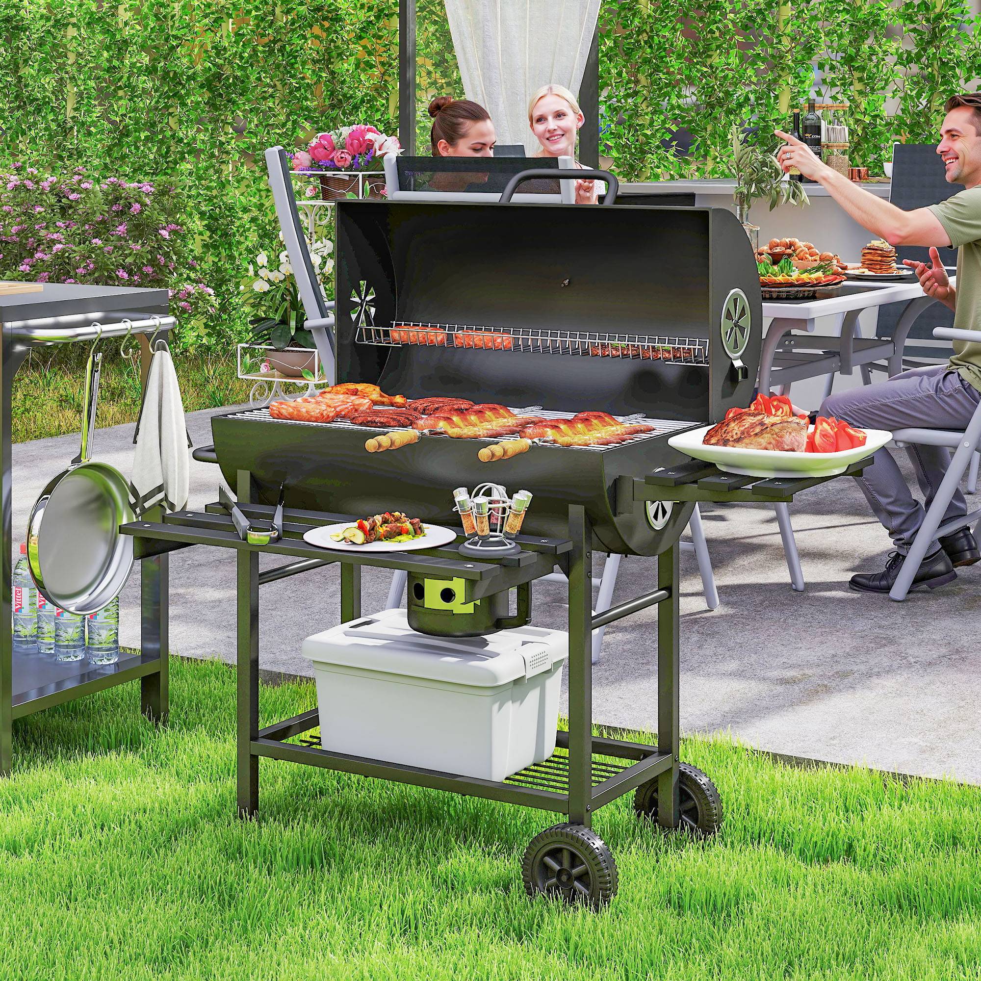 Barbecue à charbon acier pour jardin fumoir avec tablette pliable 114 cm noir - ComfortXL Outdoor Living - Image 3
