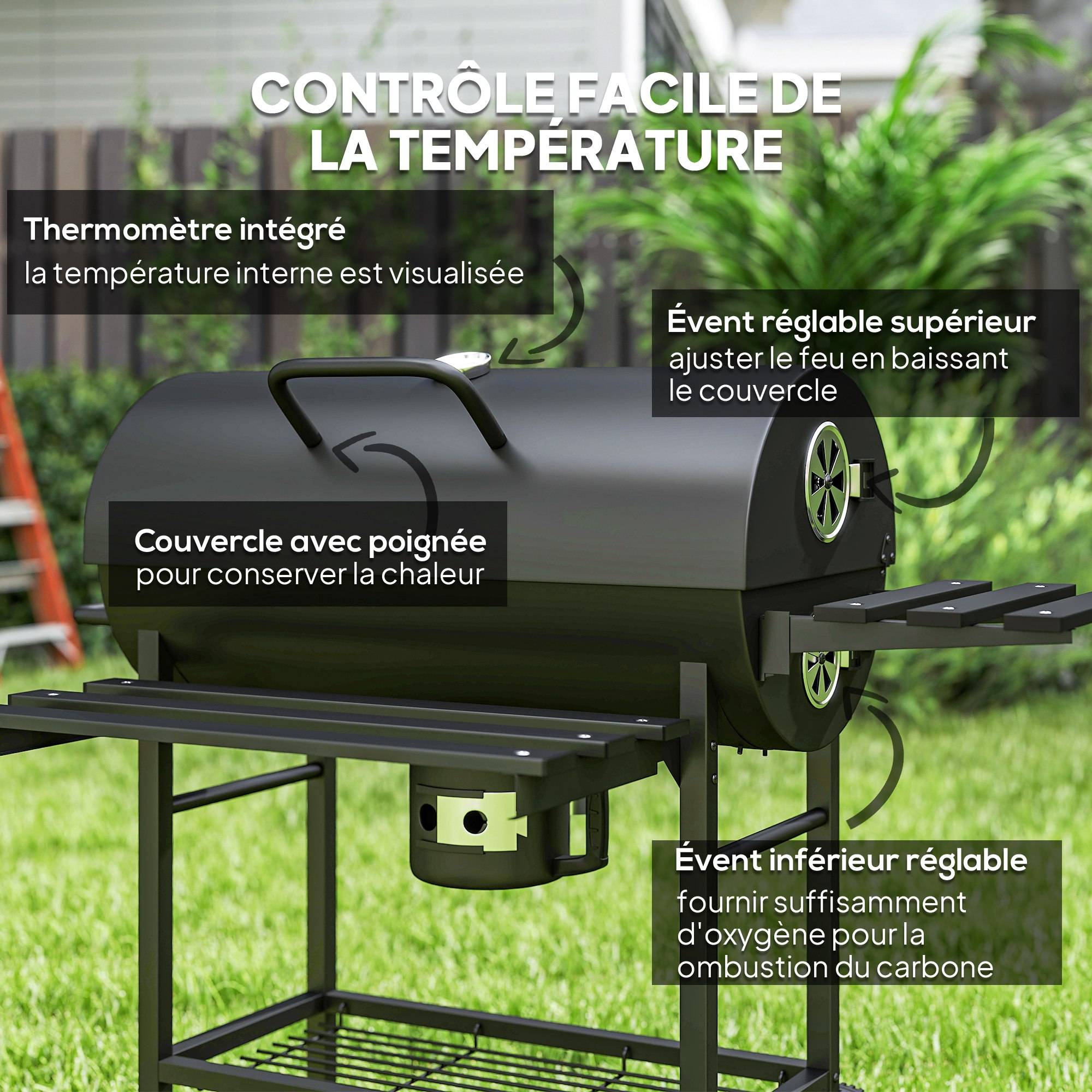 Barbecue à charbon acier pour jardin fumoir avec tablette pliable 114 cm noir - ComfortXL Outdoor Living - Image 7