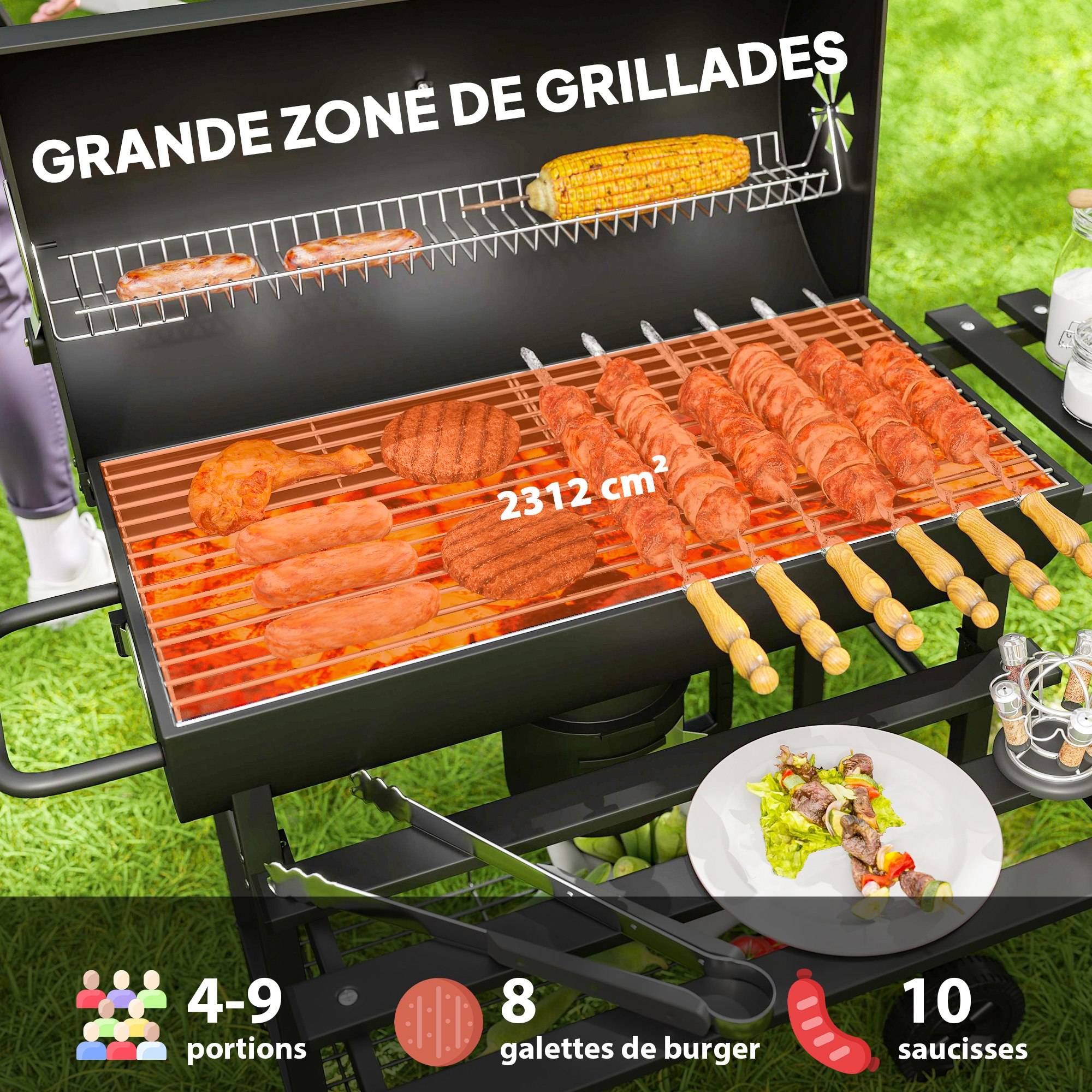 Barbecue à charbon acier pour jardin fumoir avec tablette pliable 114 cm noir - ComfortXL Outdoor Living - Image 6