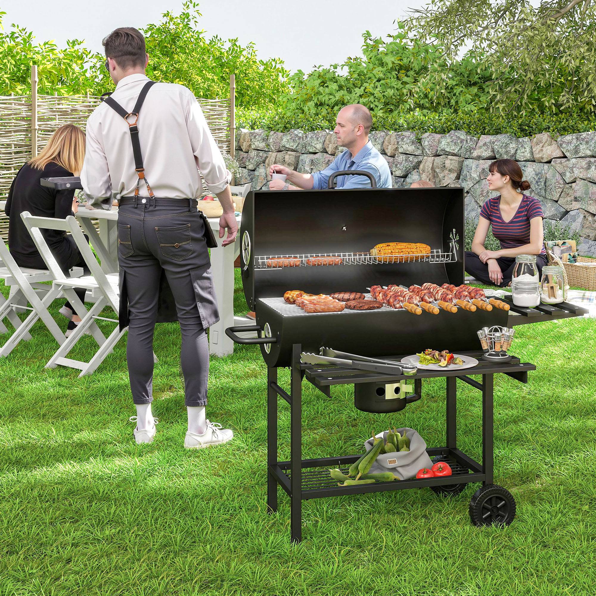 Barbecue à charbon acier pour jardin fumoir avec tablette pliable 114 cm noir - ComfortXL Outdoor Living - Image 4