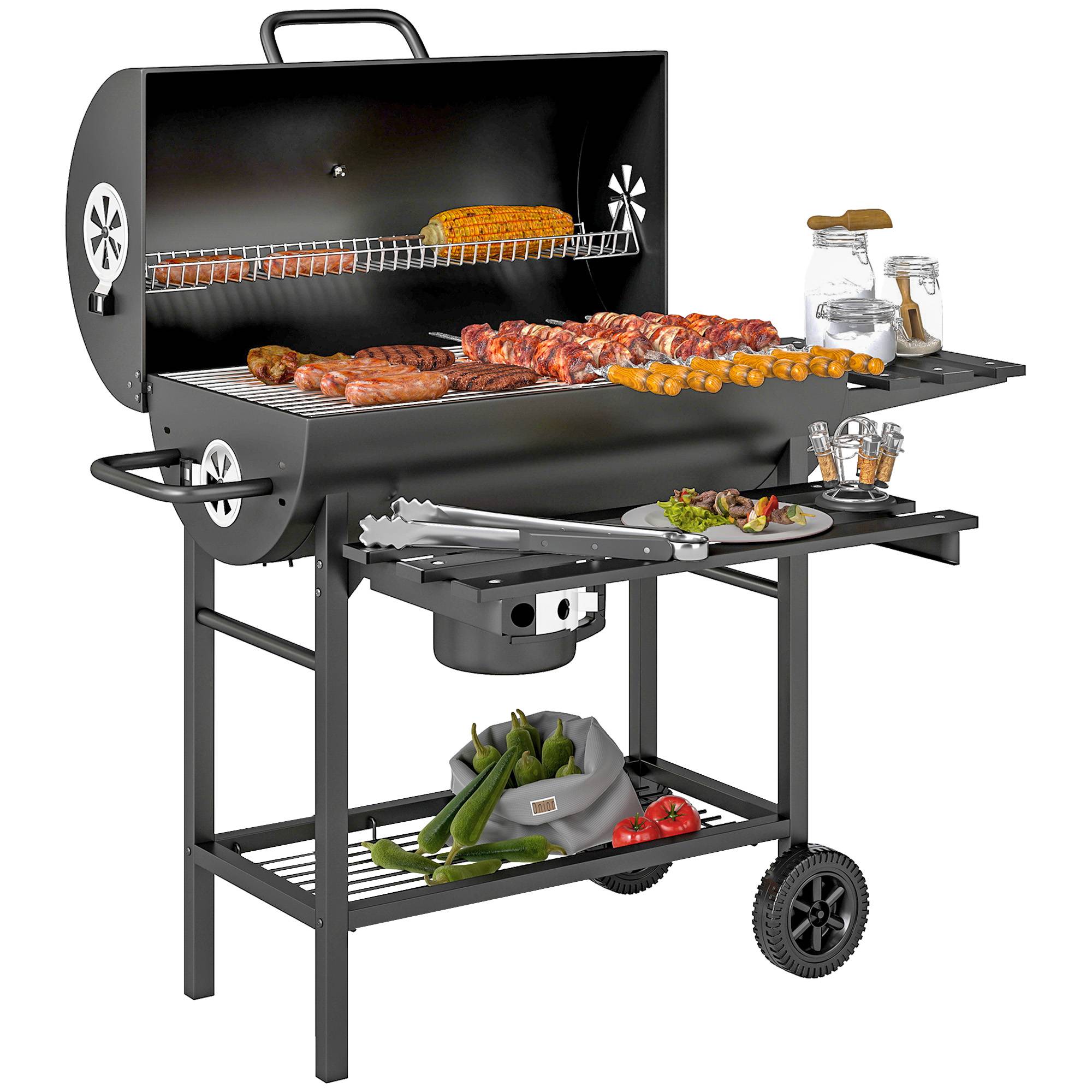 Barbecue à charbon acier pour jardin fumoir avec tablette pliable 114 cm noir - ComfortXL Outdoor Living - Image 1