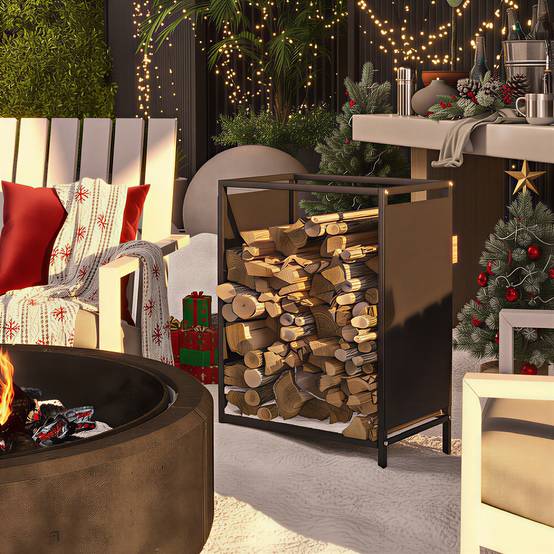 Range bûche interieur porte bûche de cheminée support de bois de chauffage pour intérieur extérieur 44x28x65 cm noir - Image 3