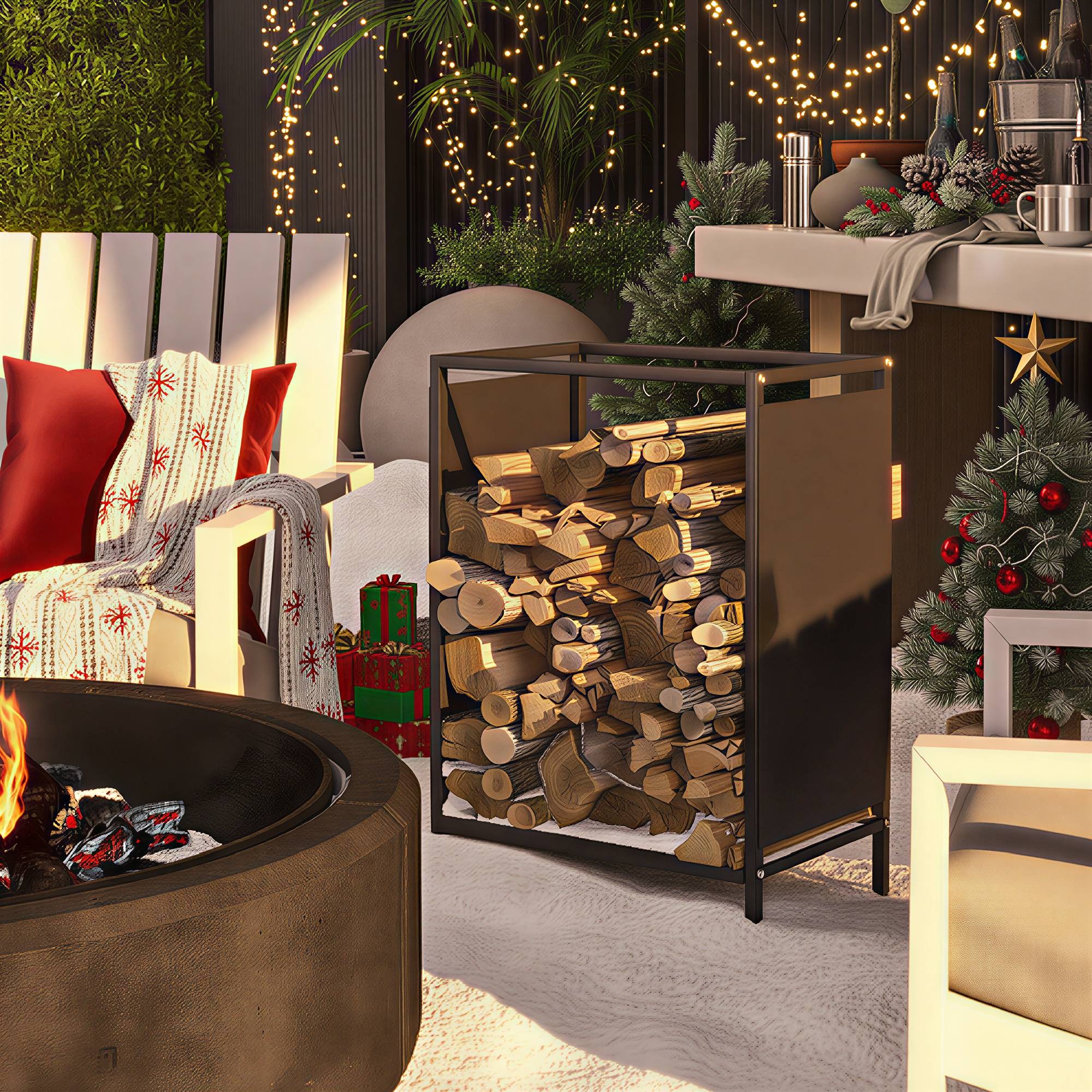 Range bûche interieur porte bûche de cheminée support de bois de chauffage pour intérieur extérieur 44x28x65 cm noir - Image 3