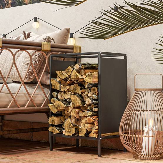 Range bûche interieur porte bûche de cheminée support de bois de chauffage pour intérieur extérieur 44x28x65 cm noir - Image 9