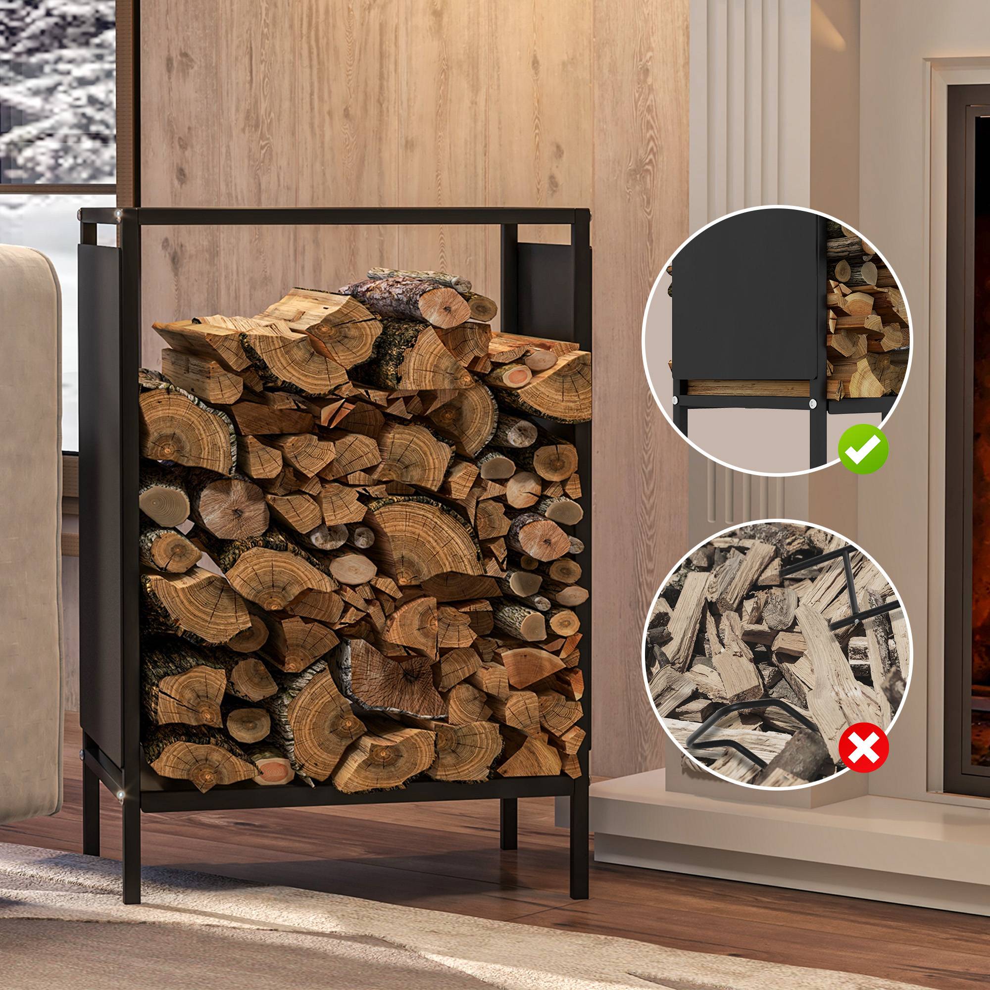 Range bûche interieur porte bûche de cheminée support de bois de chauffage pour intérieur extérieur 44x28x65 cm noir - Image 8