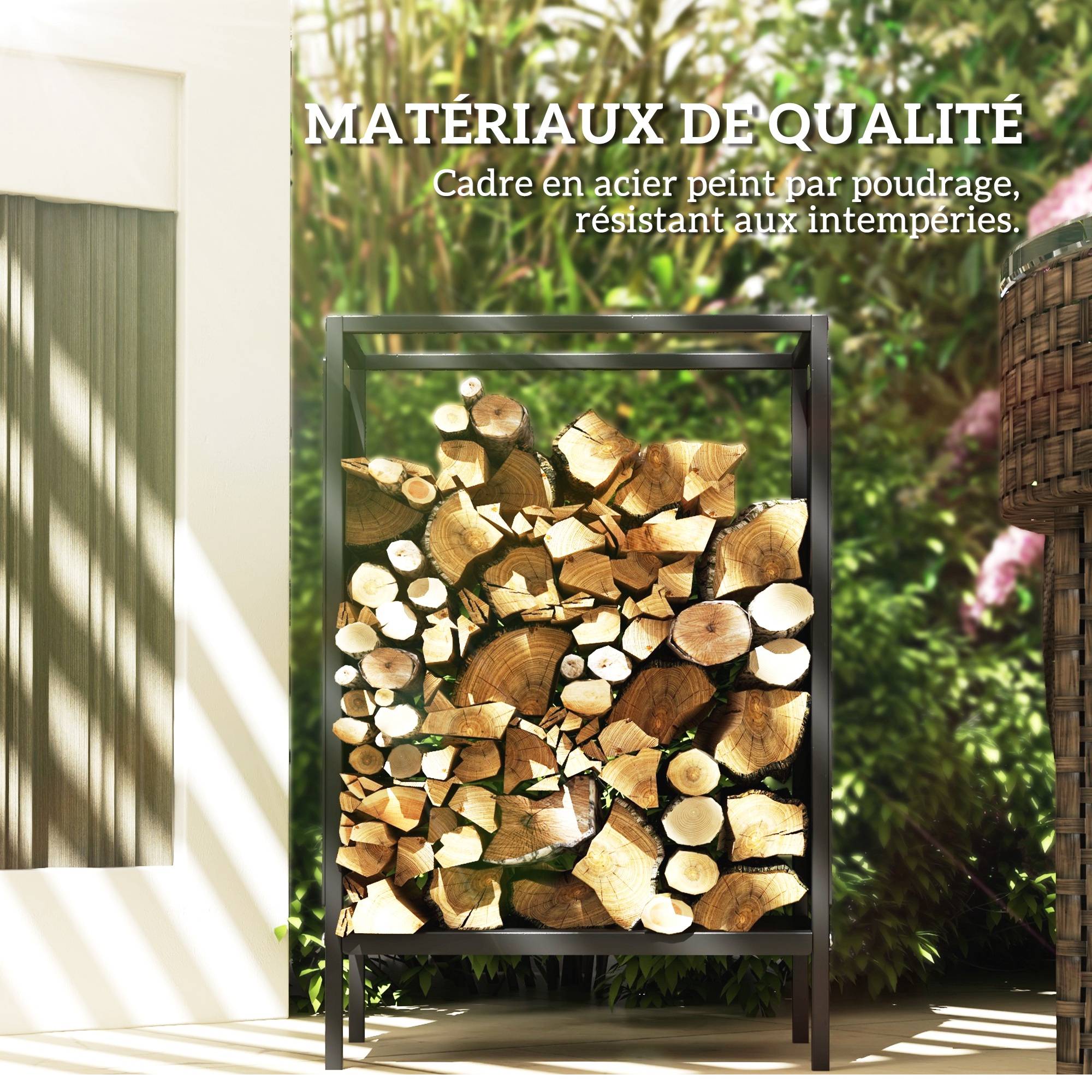 Range bûche interieur porte bûche de cheminée support de bois de chauffage pour intérieur extérieur 44x28x65 cm noir - Image 7