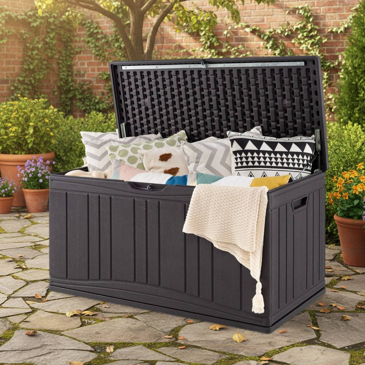 Coffre de Rangement pour Patio Boîte de Rangement 300L HDPE avec Couvercle Verrouillable Marron - Image 2