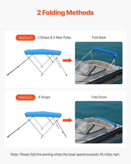 VEVOR Bimini bateau taud de soleil 3 arceaux 185-198 cm polyester Bleu Pacifique - Image 4
