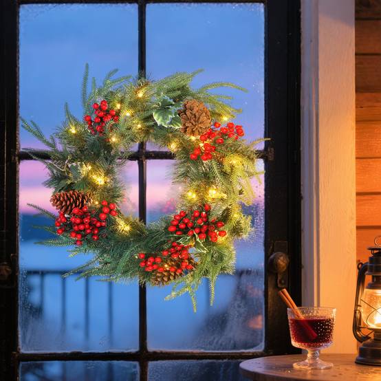 Sans Marque - Couronne de Noël de 60 cm avec lumières LED blanches, minuterie, pommes de pin, baies et houx, verte - Image 4