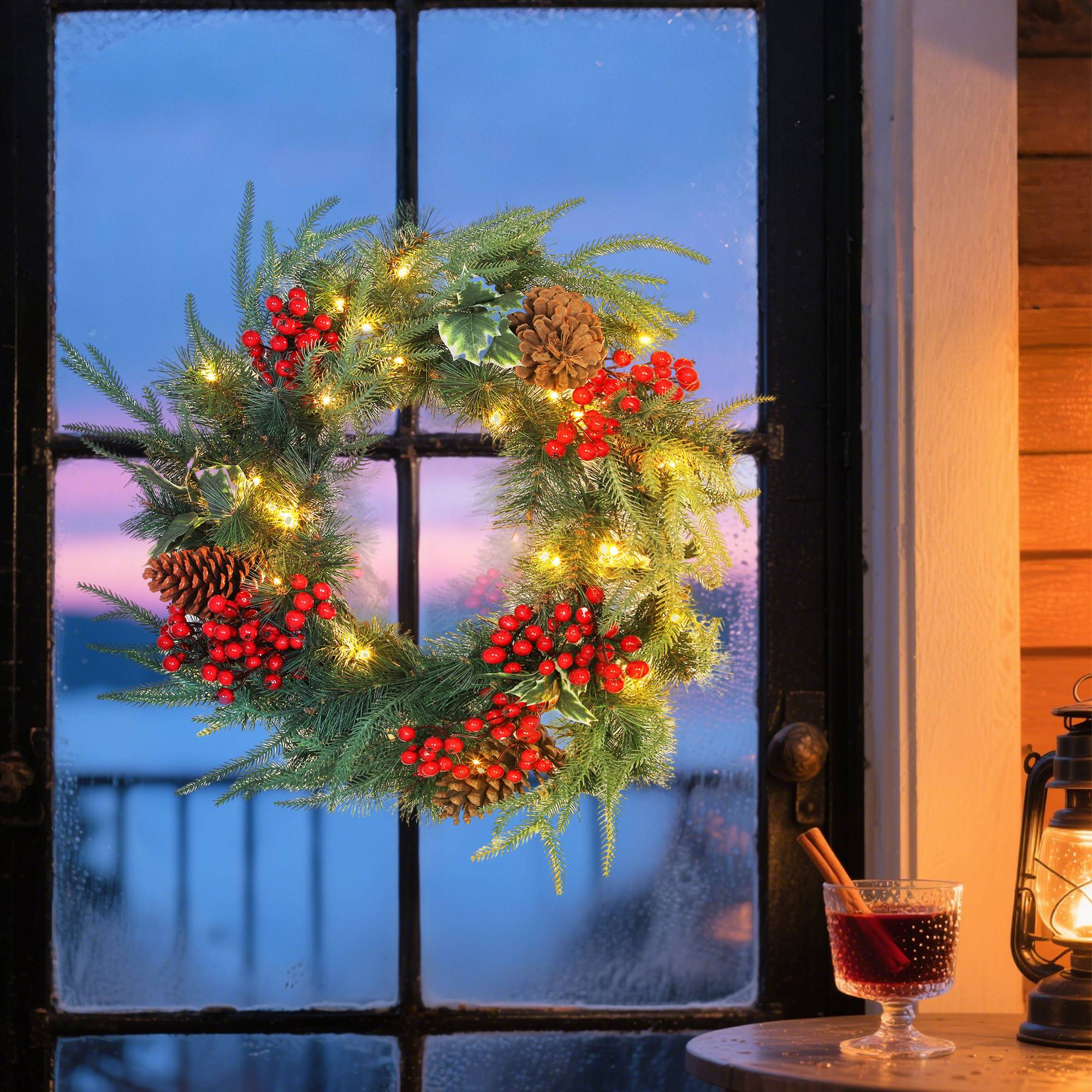 Sans Marque - Couronne de Noël de 60 cm avec lumières LED blanches, minuterie, pommes de pin, baies et houx, verte - Image 4