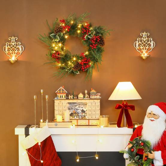 Sans Marque - Couronne de Noël de 60 cm avec lumières LED blanches, minuterie, pommes de pin, baies et houx, verte - Image 3