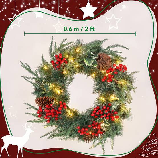 Sans Marque - Couronne de Noël de 60 cm avec lumières LED blanches, minuterie, pommes de pin, baies et houx, verte - Image 5