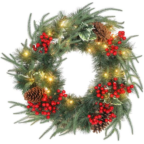 Sans Marque - Couronne de Noël de 60 cm avec lumières LED blanches, minuterie, pommes de pin, baies et houx, verte - Image 1
