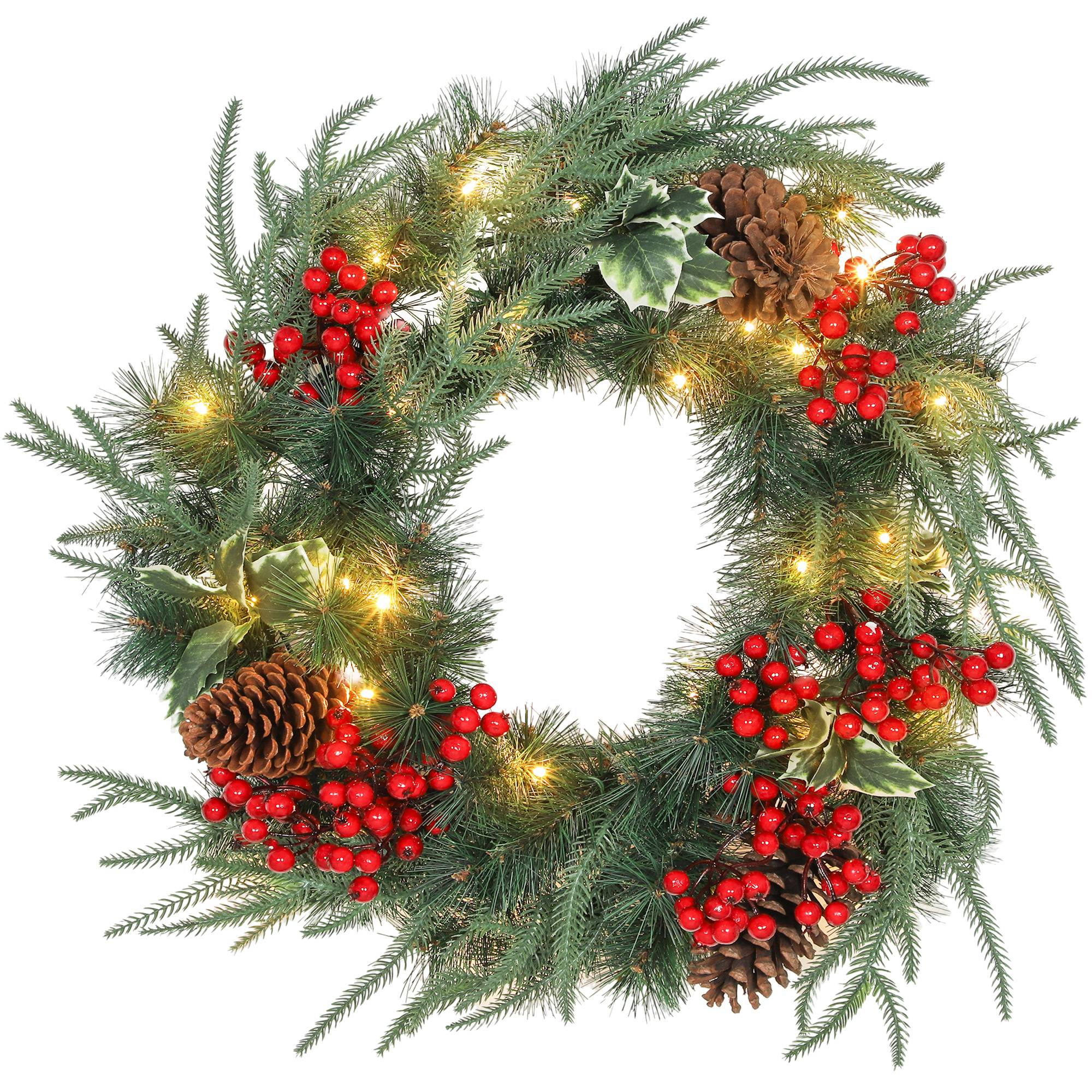 Sans Marque - Couronne de Noël de 60 cm avec lumières LED blanches, minuterie, pommes de pin, baies et houx, verte - Image 1