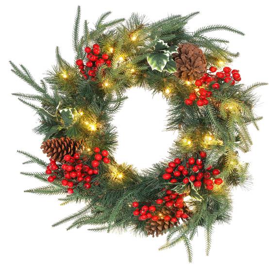 Sans Marque - Couronne de Noël de 60 cm avec lumières LED blanches, minuterie, pommes de pin, baies et houx, verte - Image 2