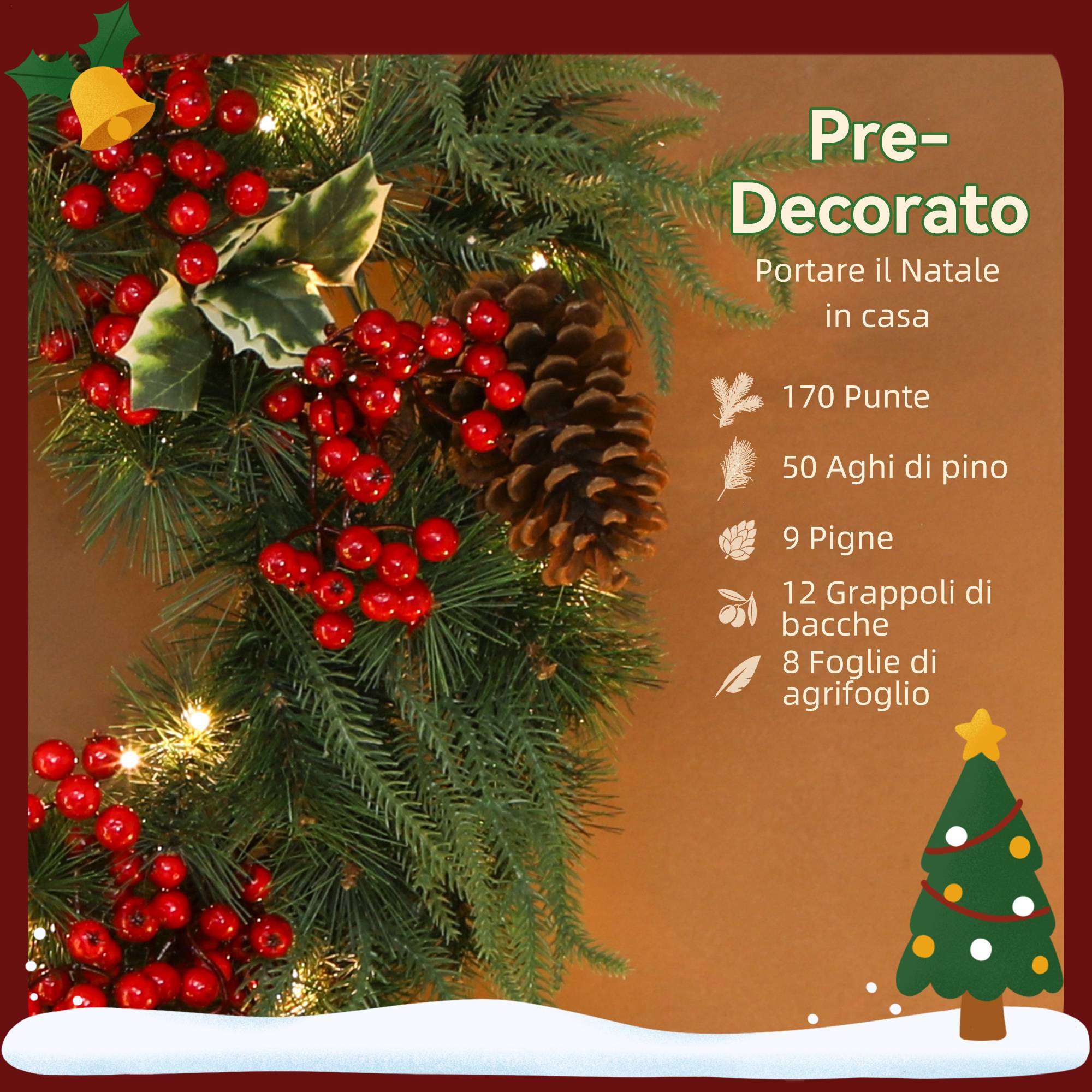 Sans Marque - Couronne de Noël de 60 cm avec lumières LED blanches, minuterie, pommes de pin, baies et houx, verte - Image 8