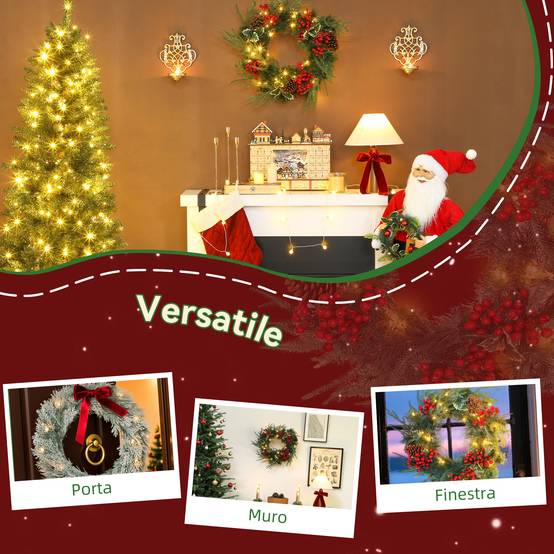 Sans Marque - Couronne de Noël de 60 cm avec lumières LED blanches, minuterie, pommes de pin, baies et houx, verte - Image 9