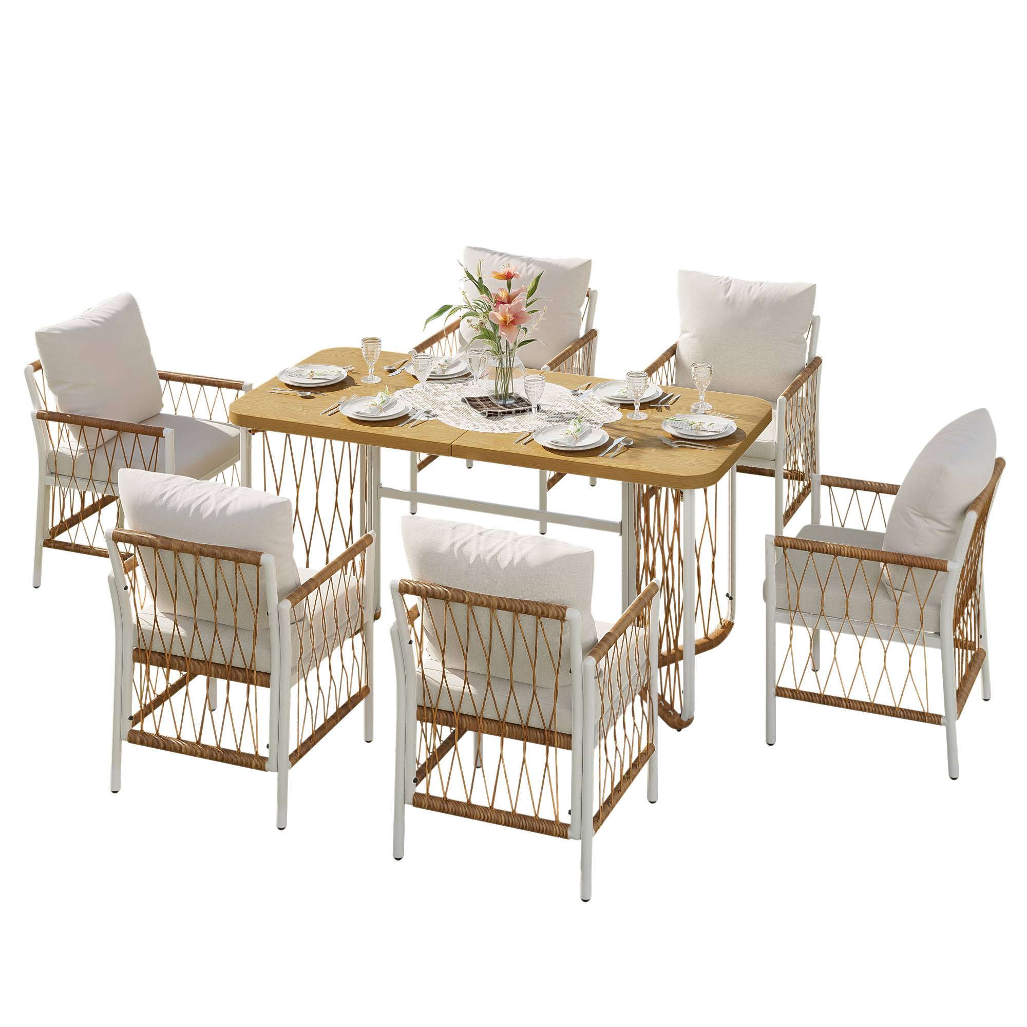 Ensemble Table et Chaise de Jardin avec 1 Table et 6 Chaises Polyester Beige - Image 1