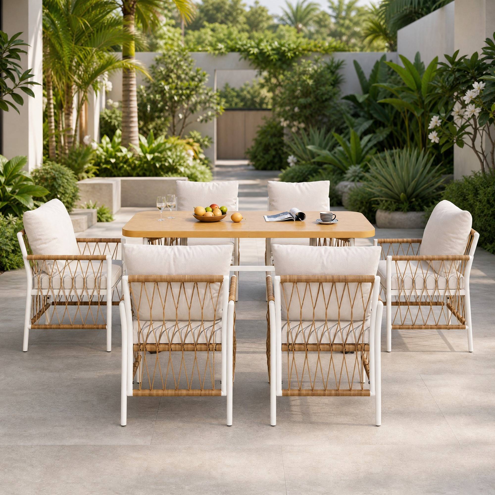 Ensemble Table et Chaise de Jardin avec 1 Table et 6 Chaises Polyester Beige - Image 4