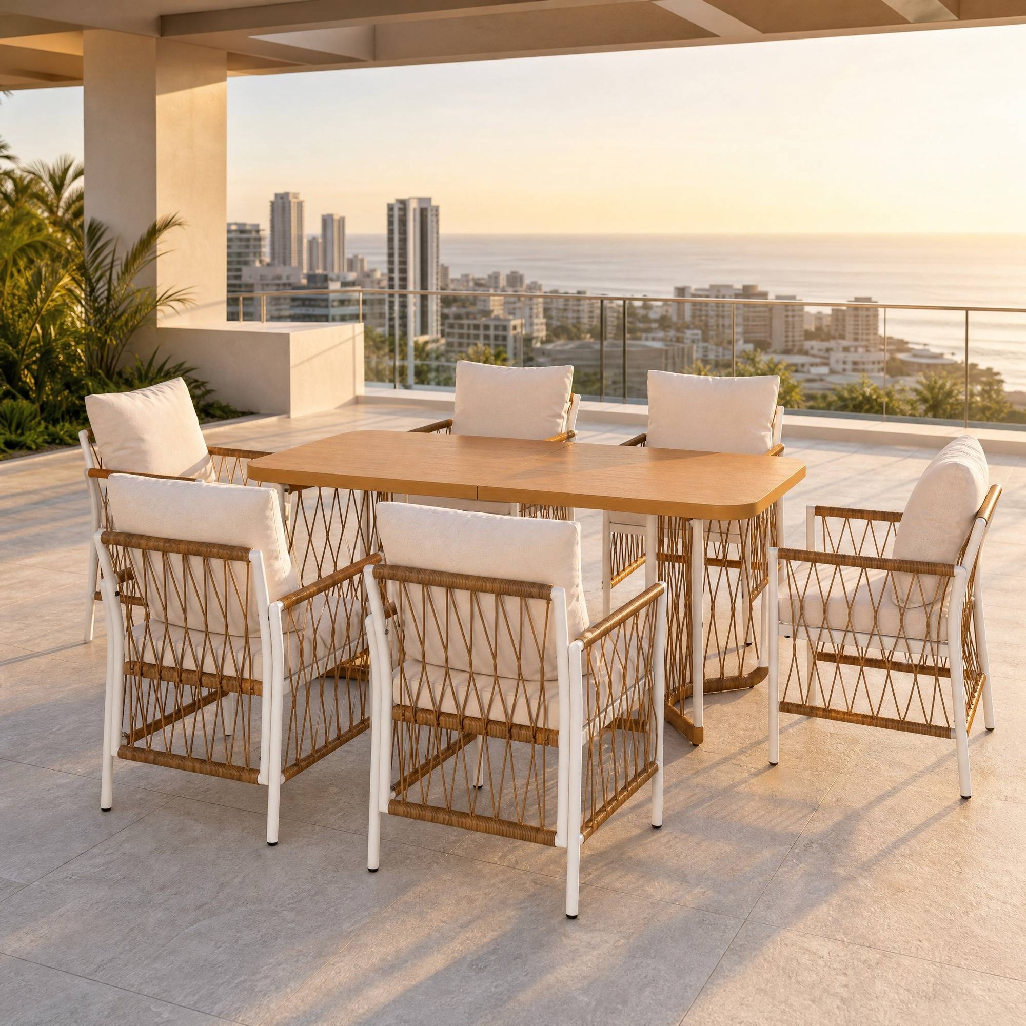 Ensemble Table et Chaise de Jardin avec 1 Table et 6 Chaises Polyester Beige - Image 2